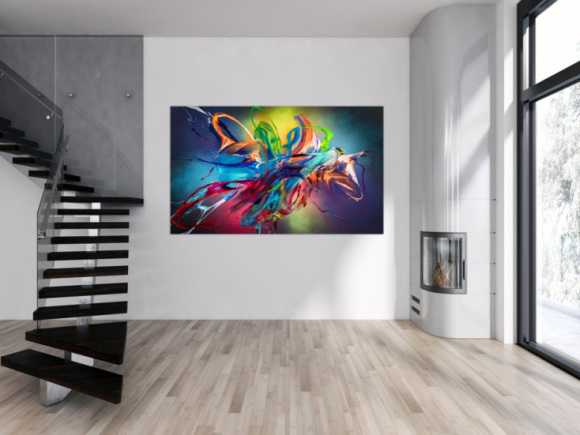 Original Gemälde abstrakt 120x200cm Action Painting Modern Art auf Leinwand Mischtechnik schwarz NEON bunt blau