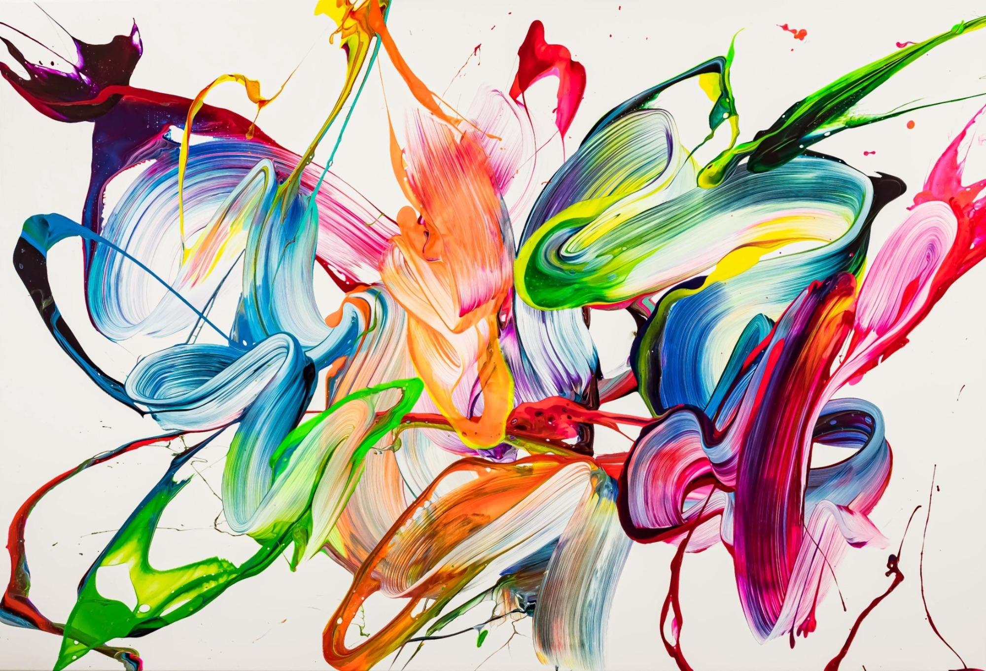 Abstraktes Original Gemälde 100x150cm Action Painting expressionistisch handgemalt Mischtechnik weiß bunt hellblau Unikat