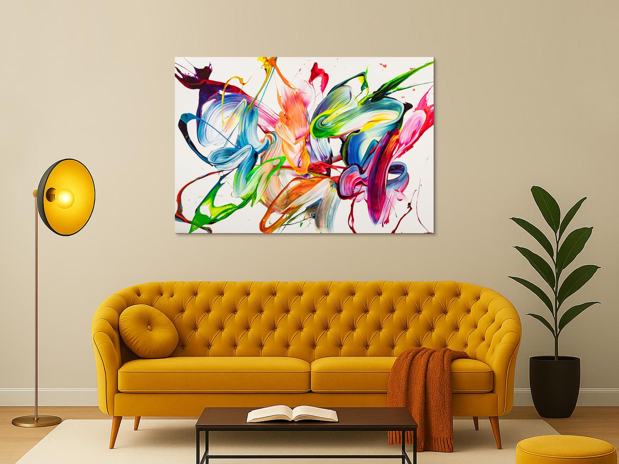 Abstraktes Original Gemälde 100x150cm Action Painting expressionistisch handgemalt Mischtechnik weiß bunt hellblau Unikat