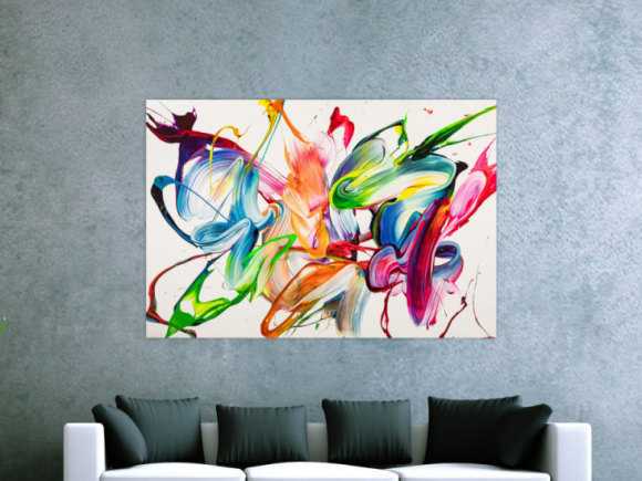 Abstraktes Original Gemälde 100x150cm Action Painting expressionistisch handgemalt Mischtechnik weiß bunt hellblau Unikat