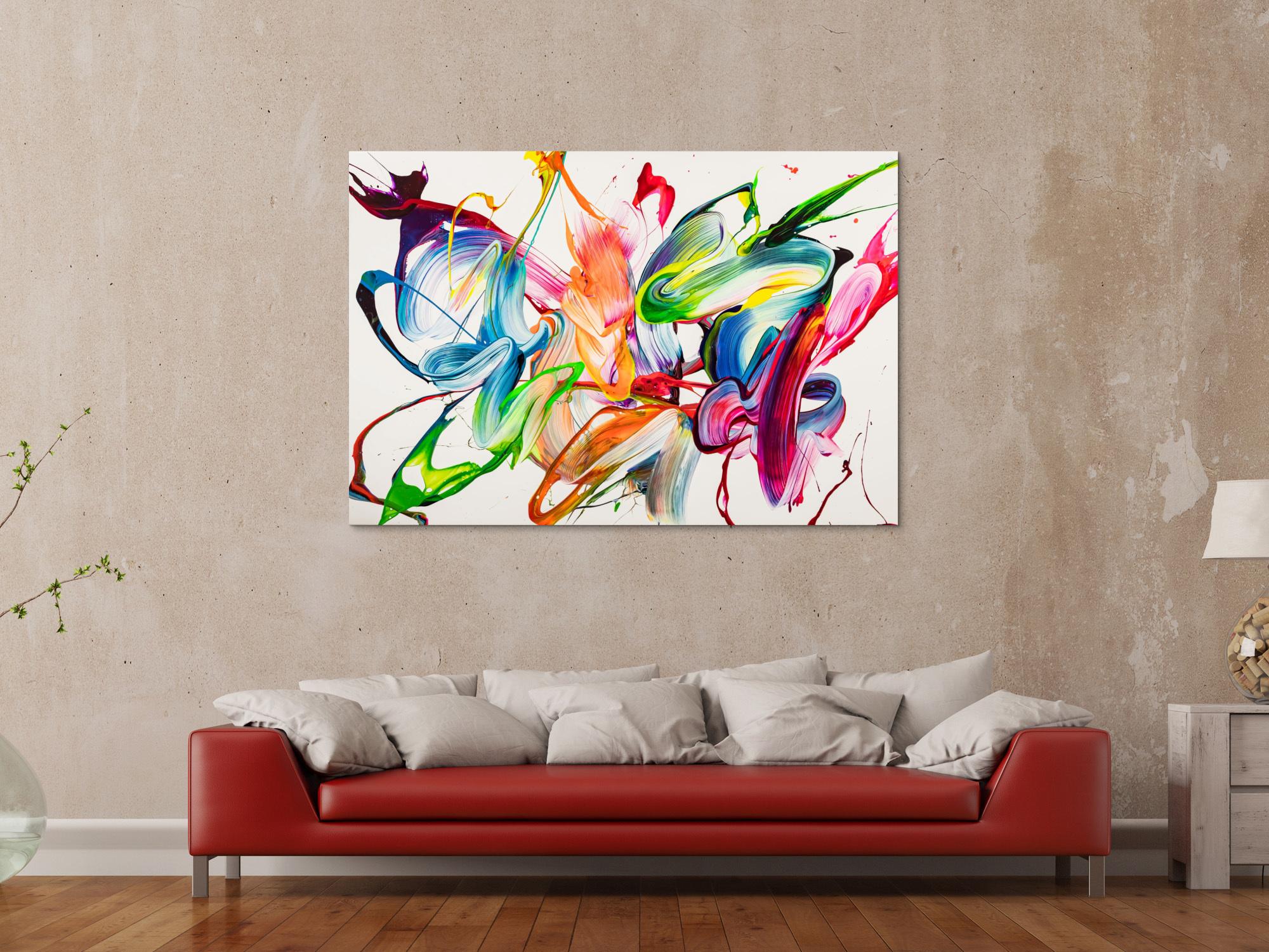 Abstraktes Original Gemälde 100x150cm Action Painting expressionistisch handgemalt Mischtechnik weiß bunt hellblau Unikat