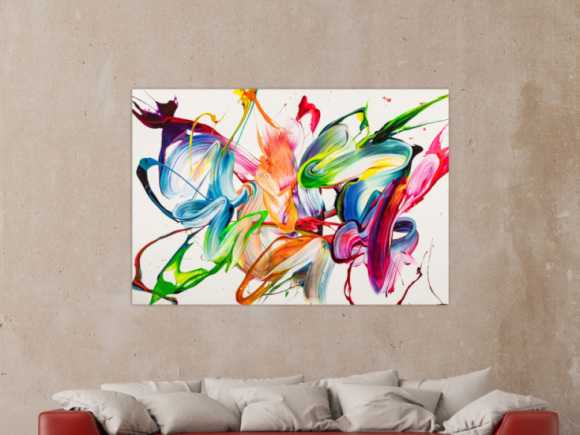 Abstraktes Original Gemälde 100x150cm Action Painting expressionistisch handgemalt Mischtechnik weiß bunt hellblau Unikat