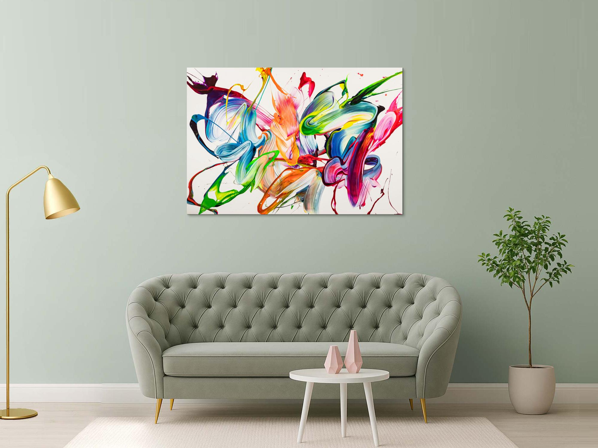 Abstraktes Original Gemälde 100x150cm Action Painting expressionistisch handgemalt Mischtechnik weiß bunt hellblau Unikat