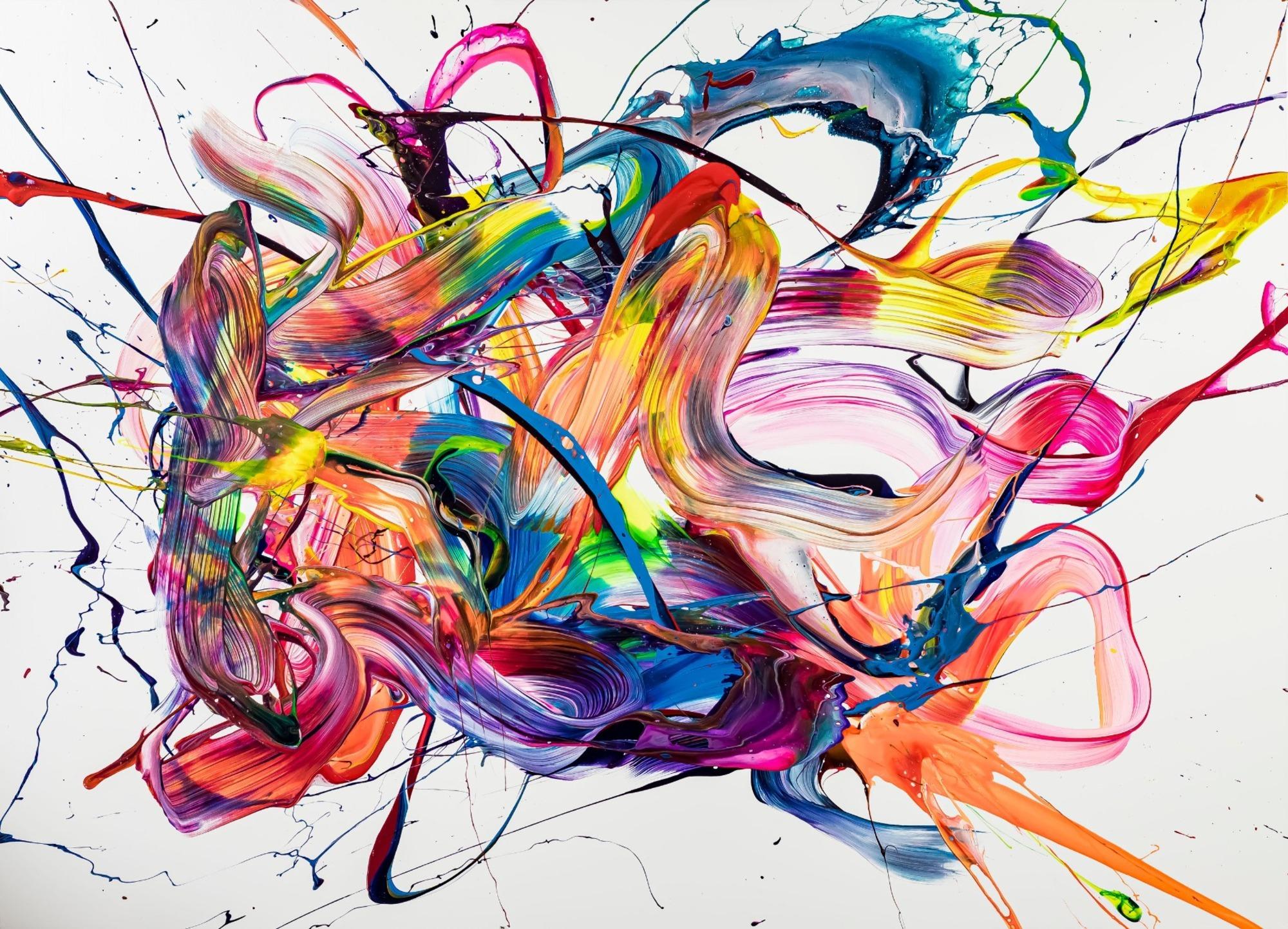 Original Gemälde abstrakt 130x180cm Action Painting zeitgenössisch handgemalt Mischtechnik weiß bunt rosa Unikat