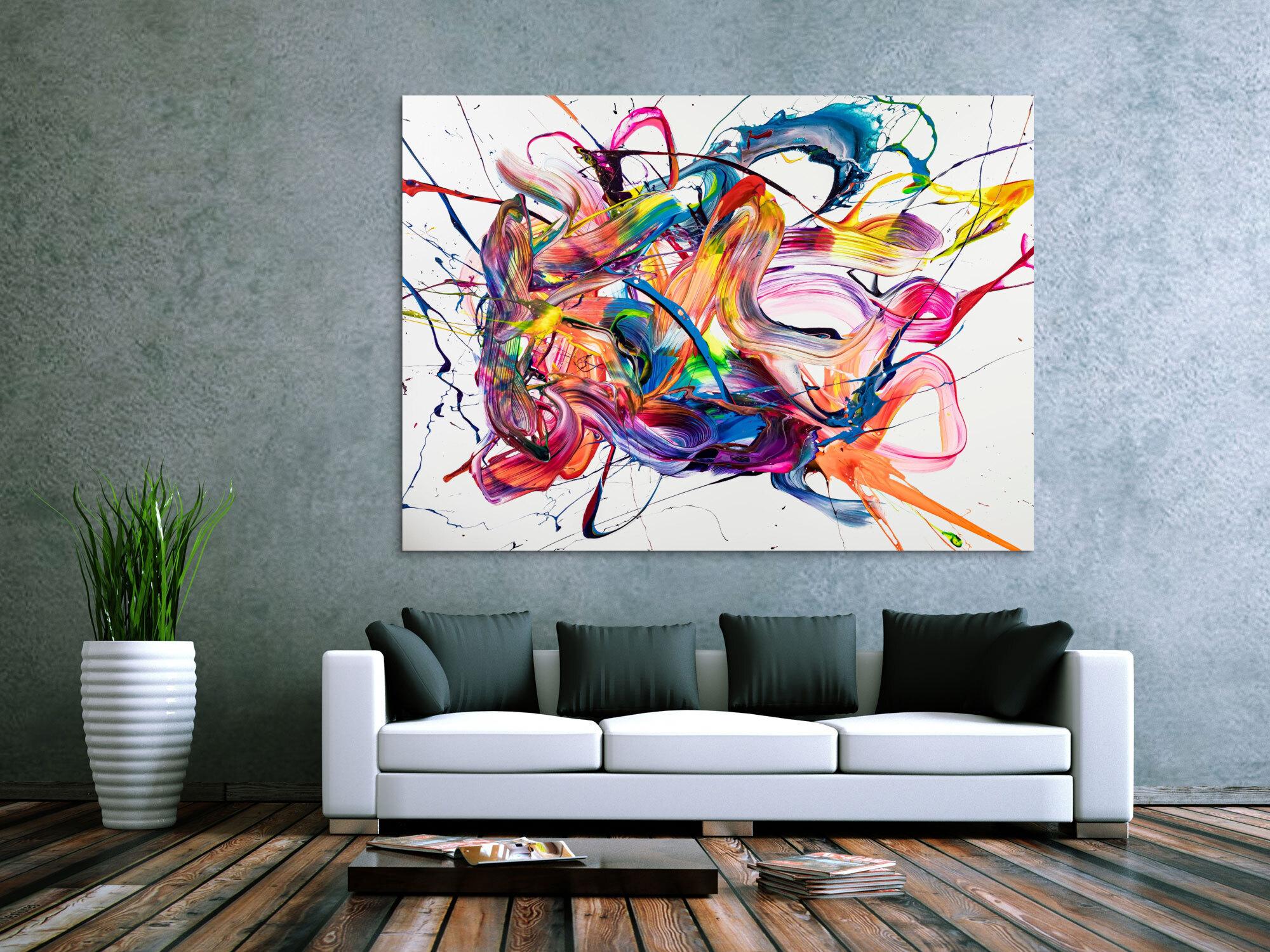 Original Gemälde abstrakt 130x180cm Action Painting zeitgenössisch handgemalt Mischtechnik weiß bunt rosa Unikat