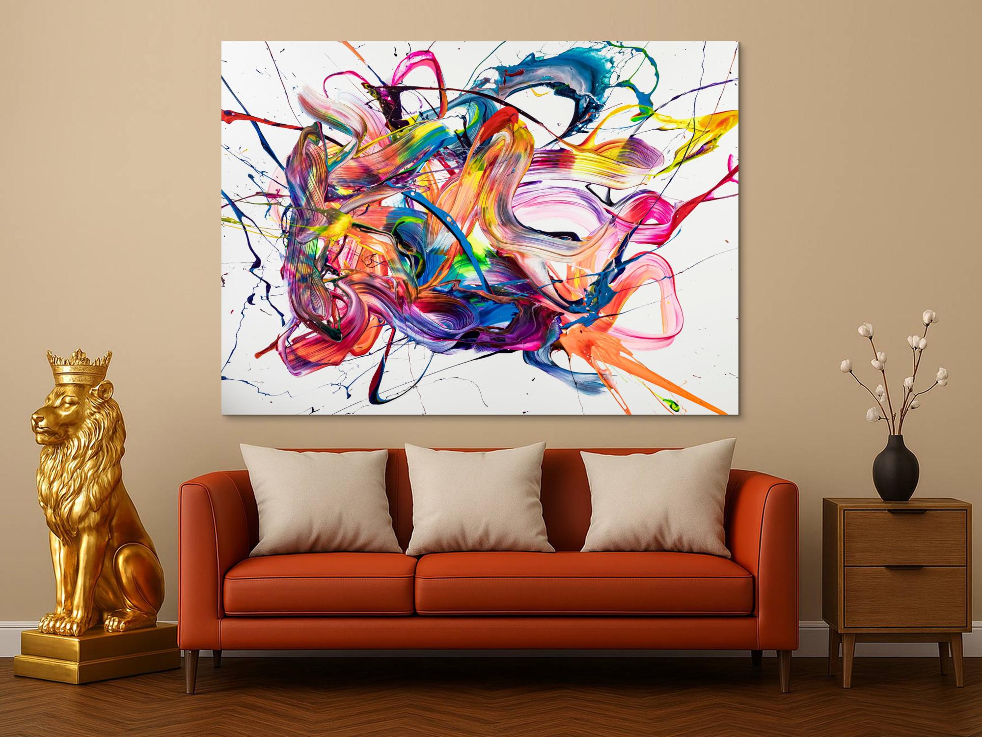 Original Gemälde abstrakt 130x180cm Action Painting zeitgenössisch handgemalt Mischtechnik weiß bunt rosa Unikat