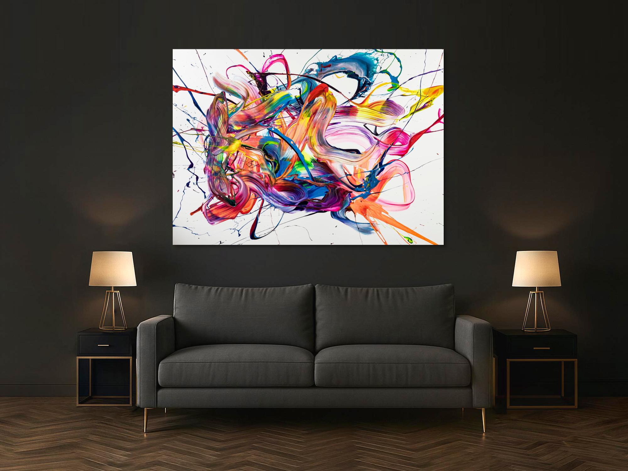 Original Gemälde abstrakt 130x180cm Action Painting zeitgenössisch handgemalt Mischtechnik weiß bunt rosa Unikat