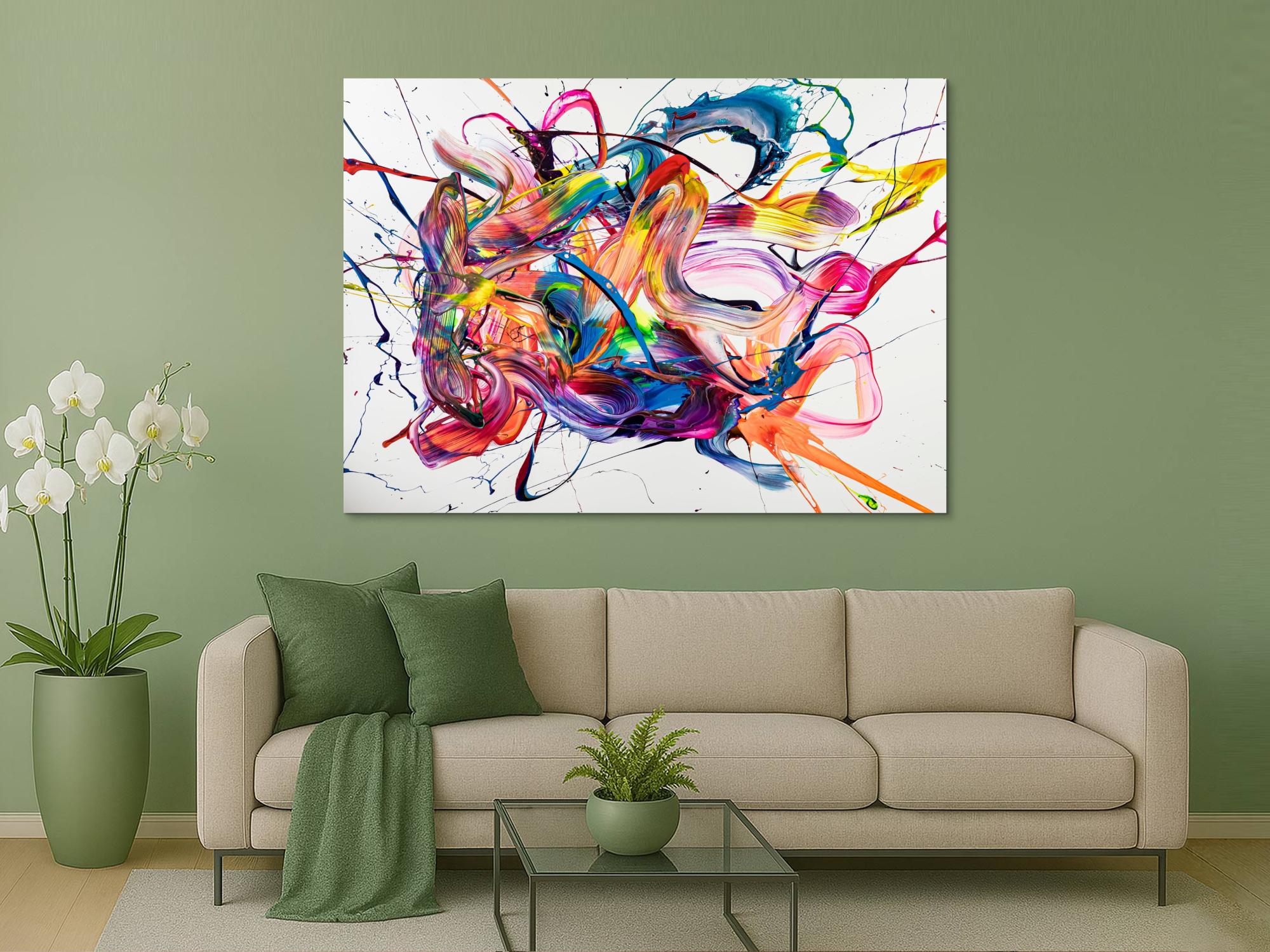 Original Gemälde abstrakt 130x180cm Action Painting zeitgenössisch handgemalt Mischtechnik weiß bunt rosa Unikat