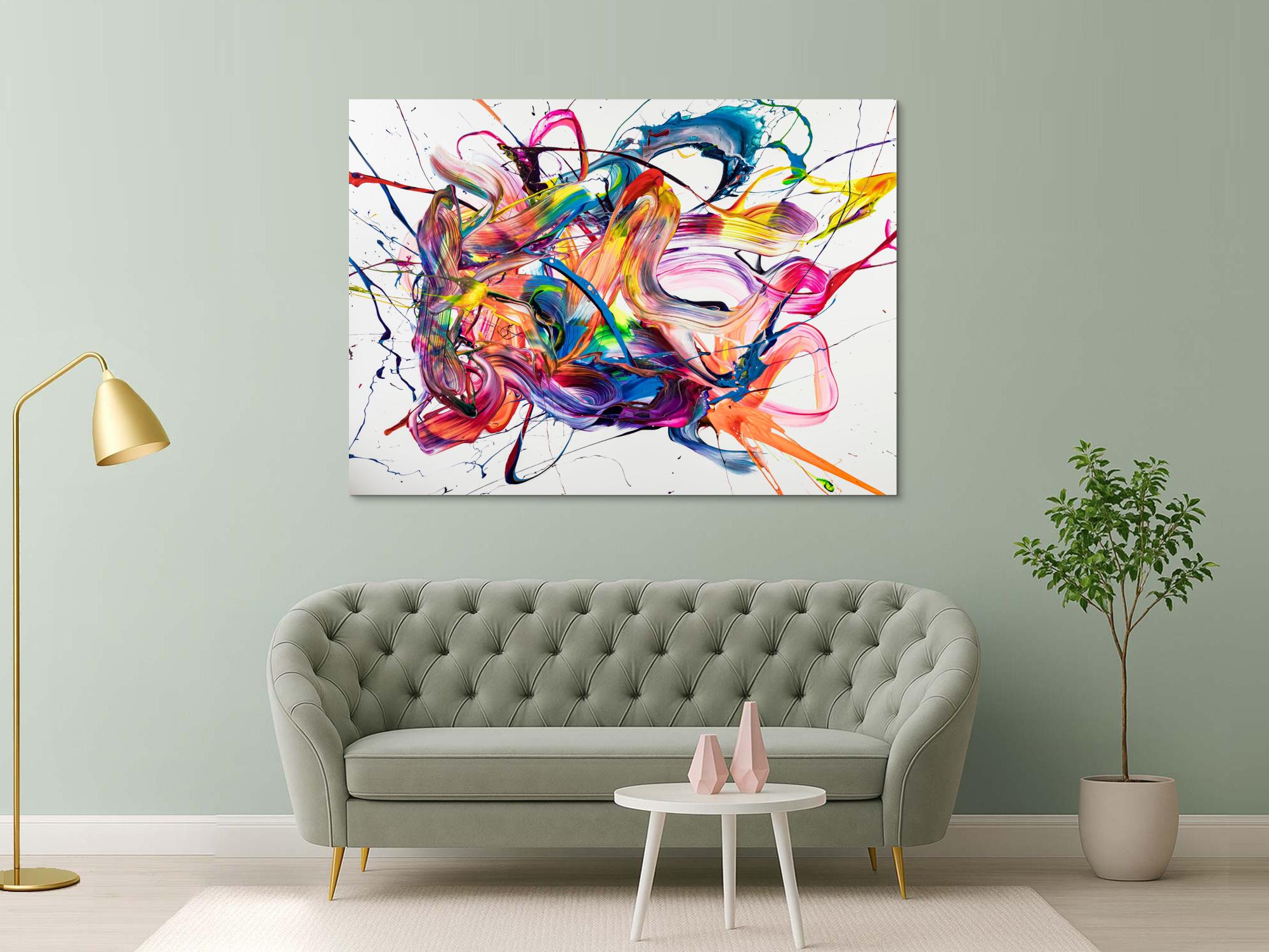 Original Gemälde abstrakt 130x180cm Action Painting zeitgenössisch handgemalt Mischtechnik weiß bunt rosa Unikat