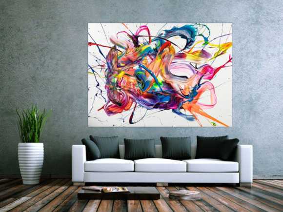 Original Gemälde abstrakt 130x180cm Action Painting zeitgenössisch handgemalt Mischtechnik weiß bunt rosa Unikat