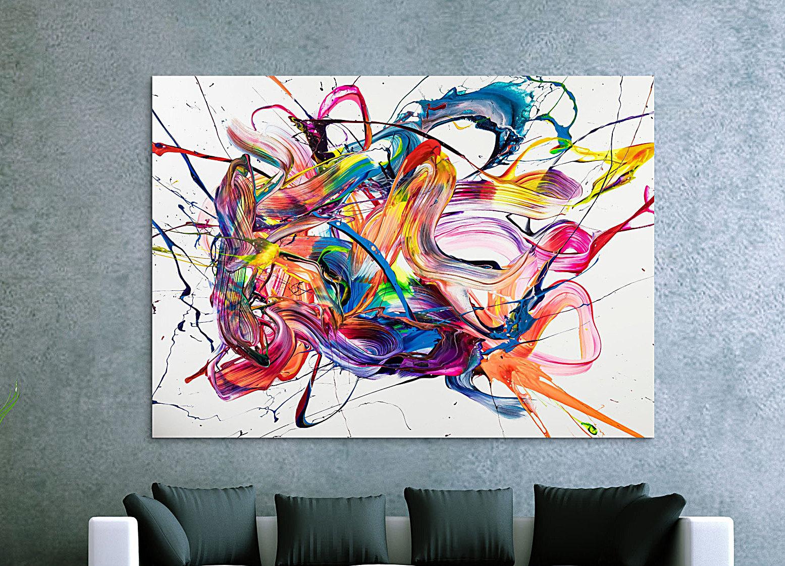 Original Gemälde abstrakt 130x180cm Action Painting zeitgenössisch handgemalt Mischtechnik weiß bunt rosa Unikat