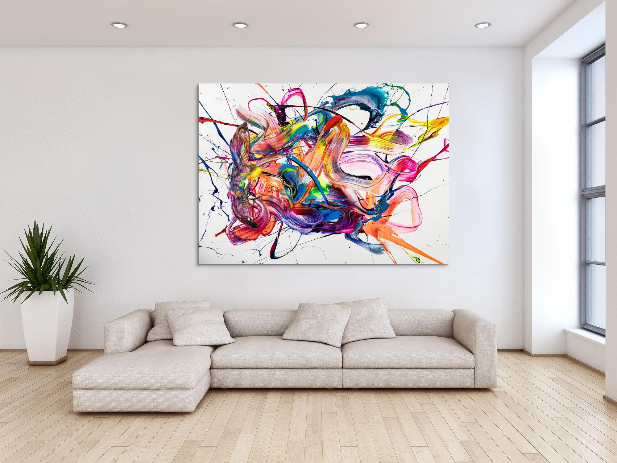 Original Gemälde abstrakt 130x180cm Action Painting zeitgenössisch handgemalt Mischtechnik weiß bunt rosa Unikat