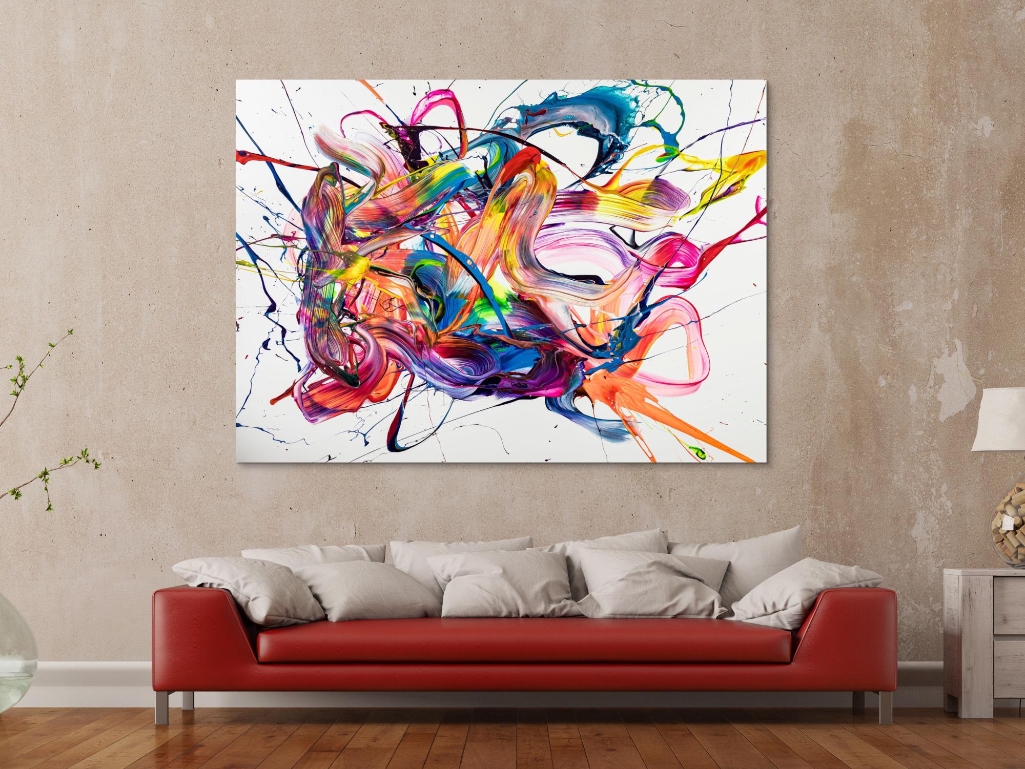 Original Gemälde abstrakt 130x180cm Action Painting zeitgenössisch handgemalt Mischtechnik weiß bunt rosa Unikat