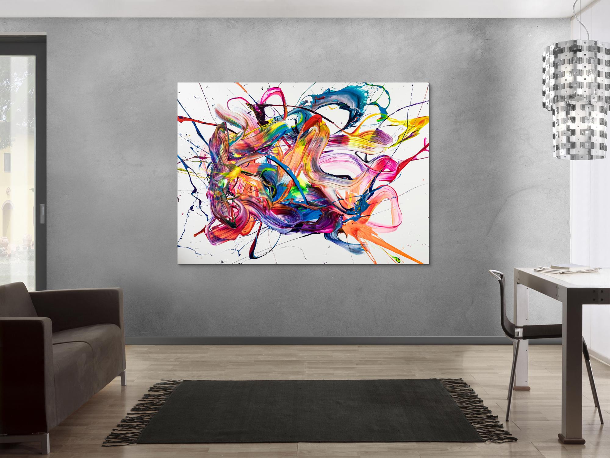 Original Gemälde abstrakt 130x180cm Action Painting zeitgenössisch handgemalt Mischtechnik weiß bunt rosa Unikat