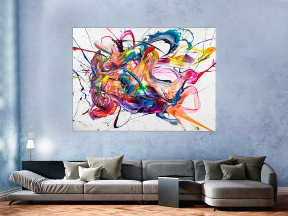 Original Gemälde abstrakt 130x180cm Action Painting zeitgenössisch handgemalt Mischtechnik weiß bunt rosa Unikat