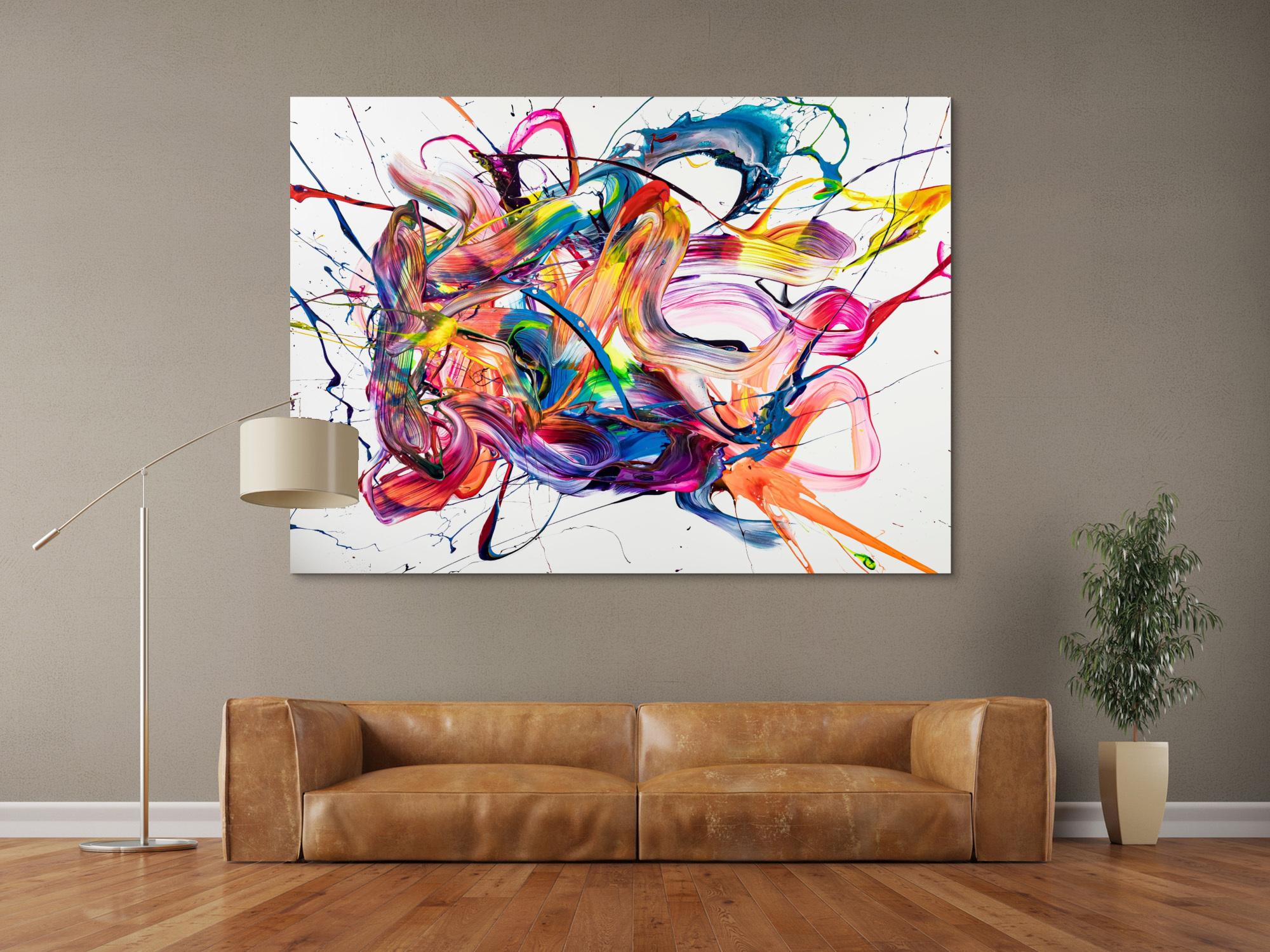 Original Gemälde abstrakt 130x180cm Action Painting zeitgenössisch handgemalt Mischtechnik weiß bunt rosa Unikat