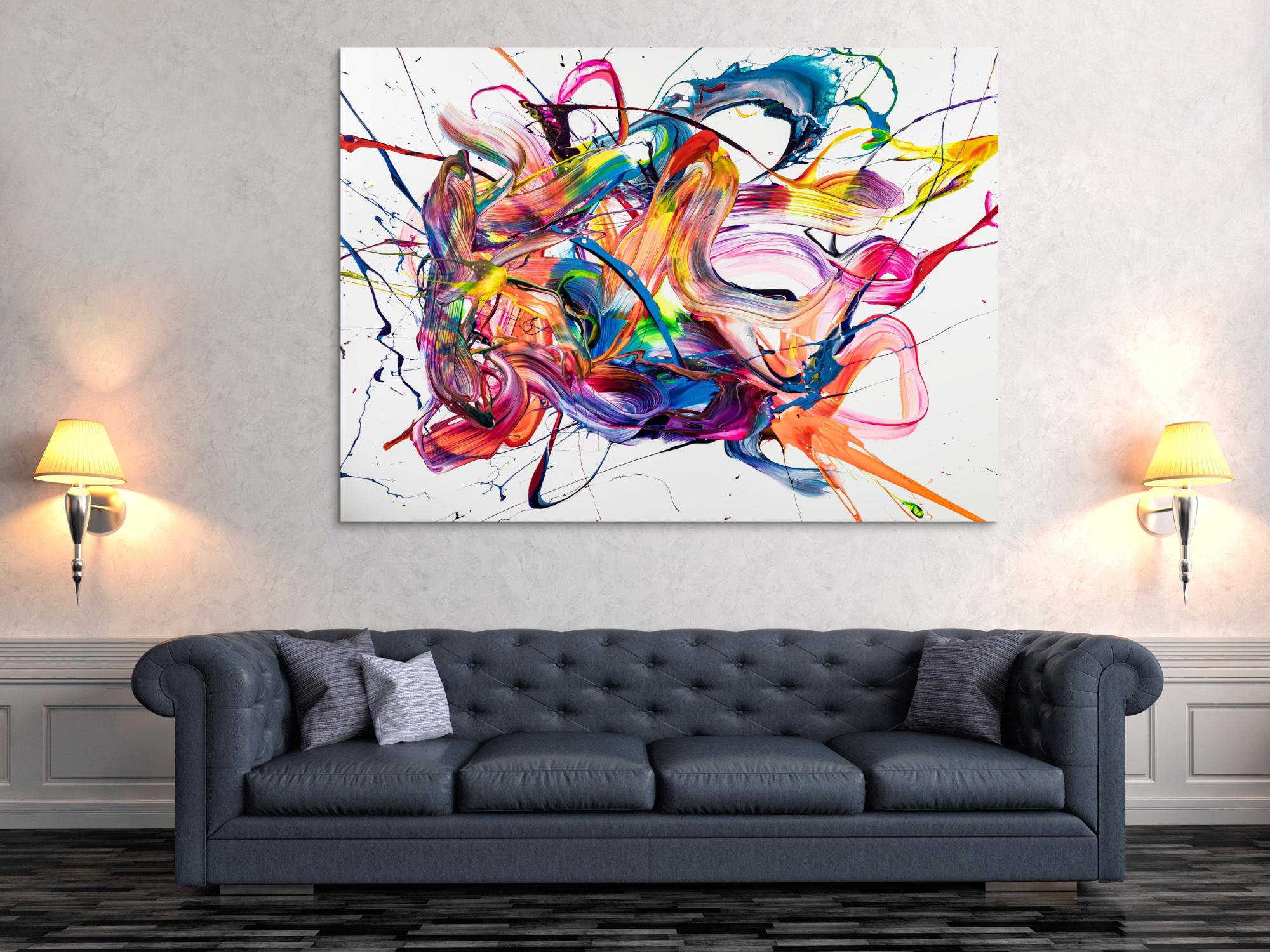 Original Gemälde abstrakt 130x180cm Action Painting zeitgenössisch handgemalt Mischtechnik weiß bunt rosa Unikat