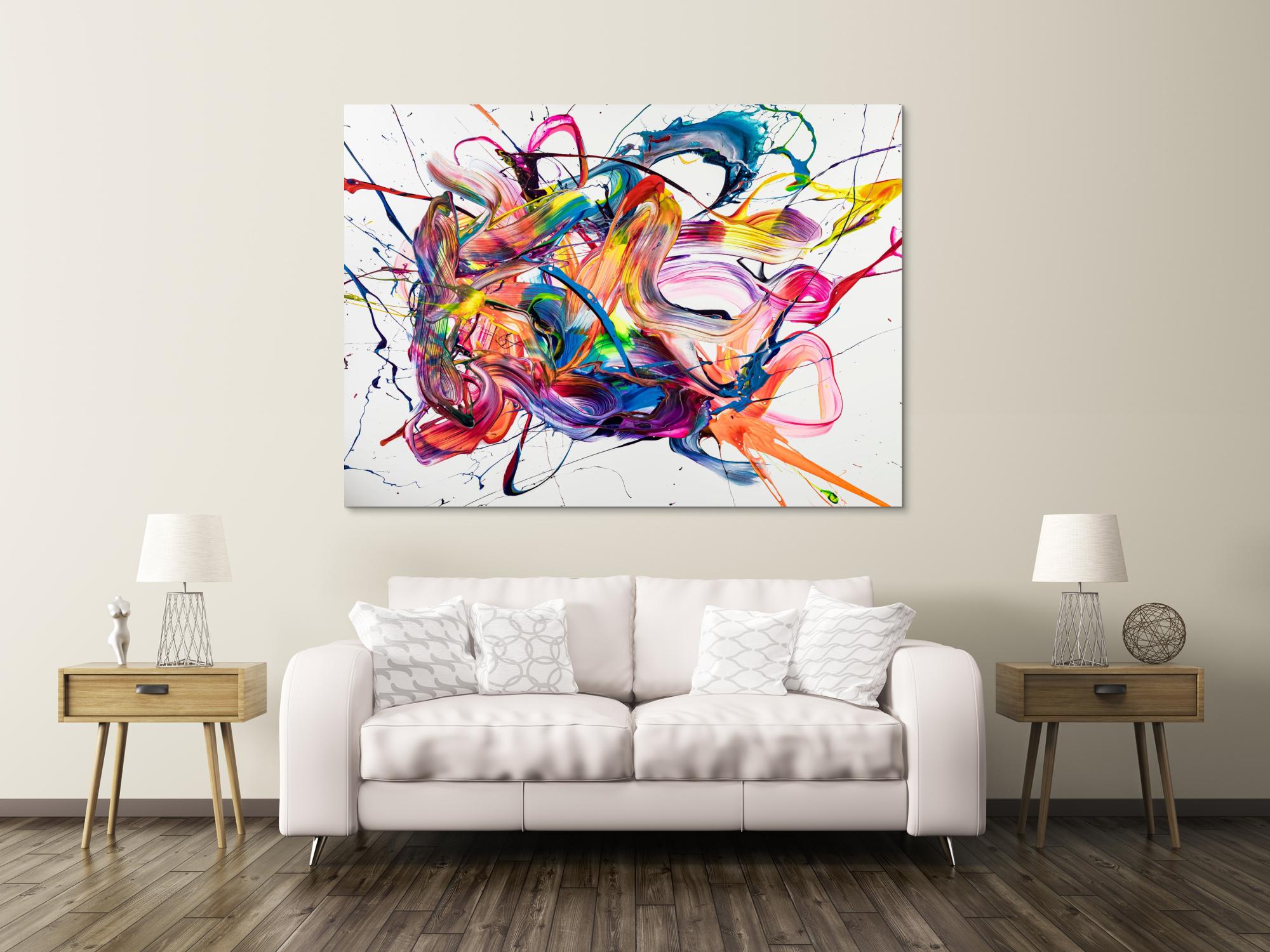 Original Gemälde abstrakt 130x180cm Action Painting zeitgenössisch handgemalt Mischtechnik weiß bunt rosa Unikat