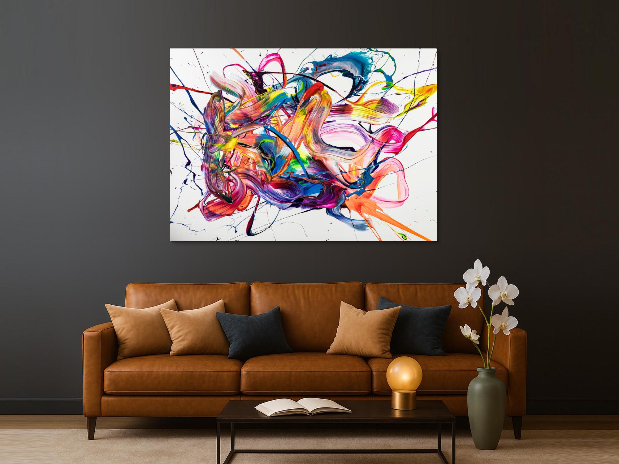 Original Gemälde abstrakt 130x180cm Action Painting zeitgenössisch handgemalt Mischtechnik weiß bunt rosa Unikat