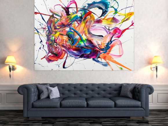 Original Gemälde abstrakt 130x180cm Action Painting zeitgenössisch handgemalt Mischtechnik weiß bunt rosa Unikat