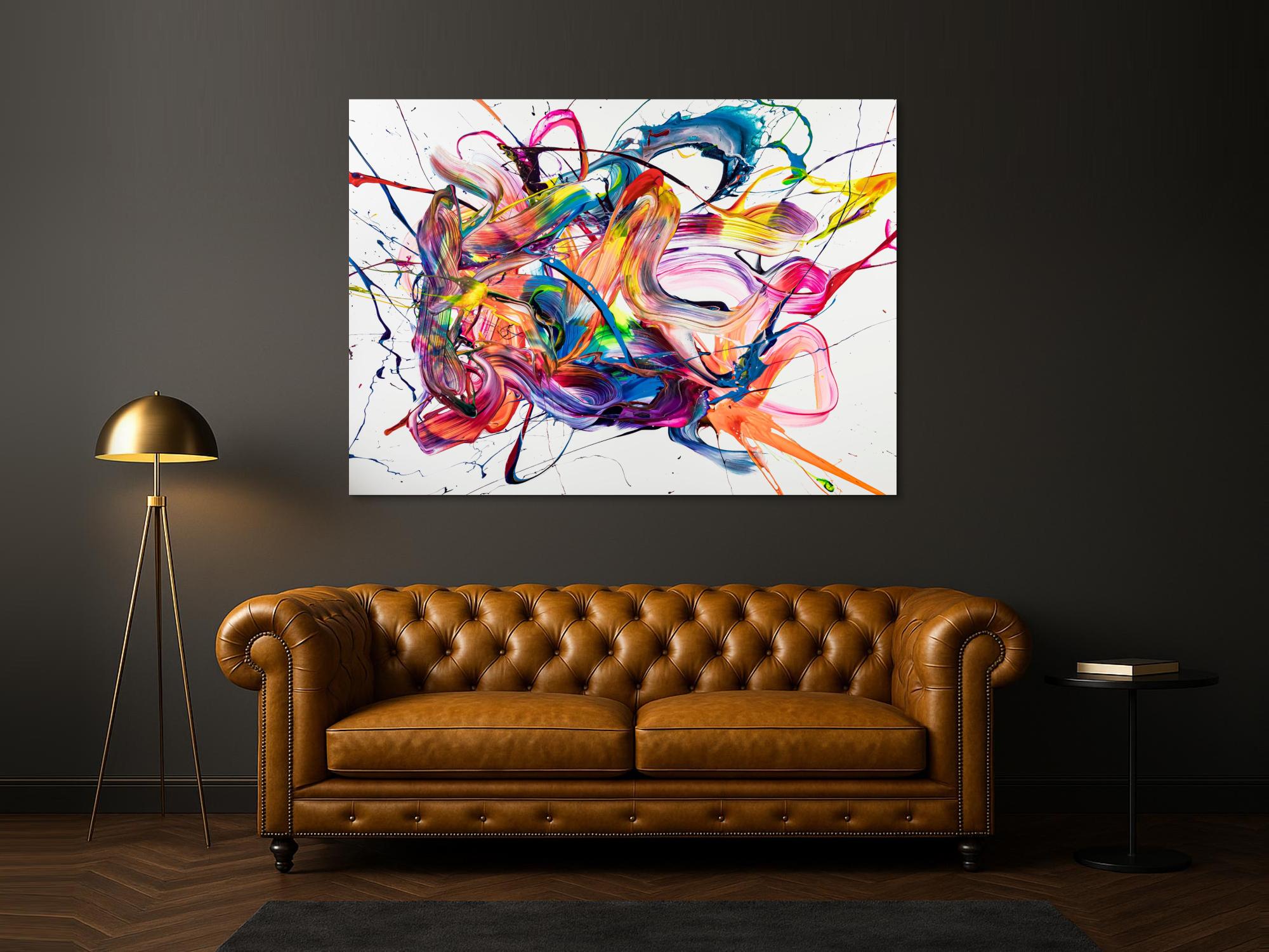 Original Gemälde abstrakt 130x180cm Action Painting zeitgenössisch handgemalt Mischtechnik weiß bunt rosa Unikat