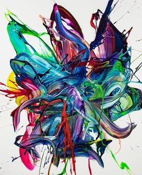 Gemälde Original abstrakt 150x120cm Action Painting zeitgenössisch auf Leinwand Mischtechnik weiß bunt blau hochwertig