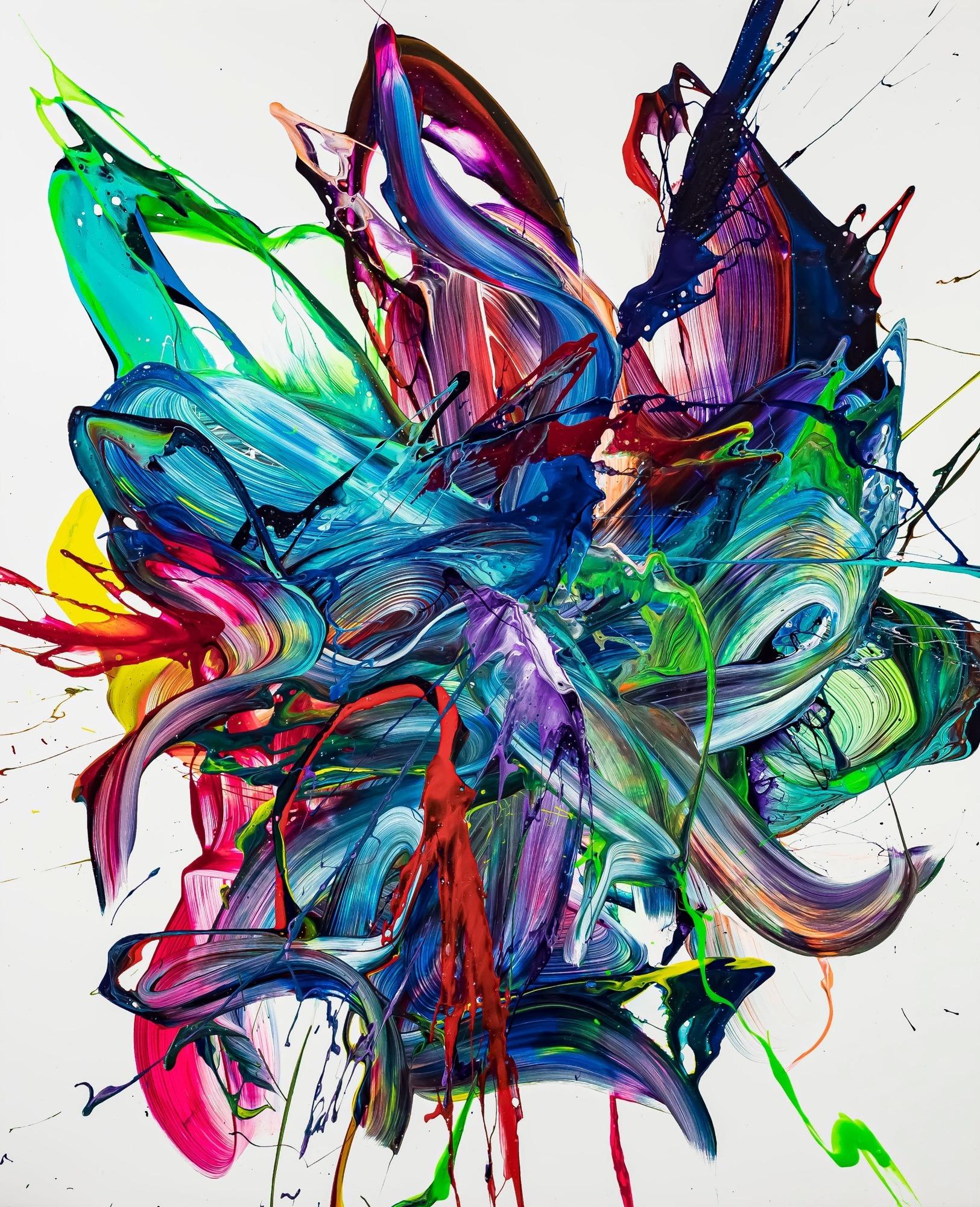 Gemälde Original abstrakt 150x120cm Action Painting zeitgenössisch auf Leinwand Mischtechnik weiß bunt blau hochwertig