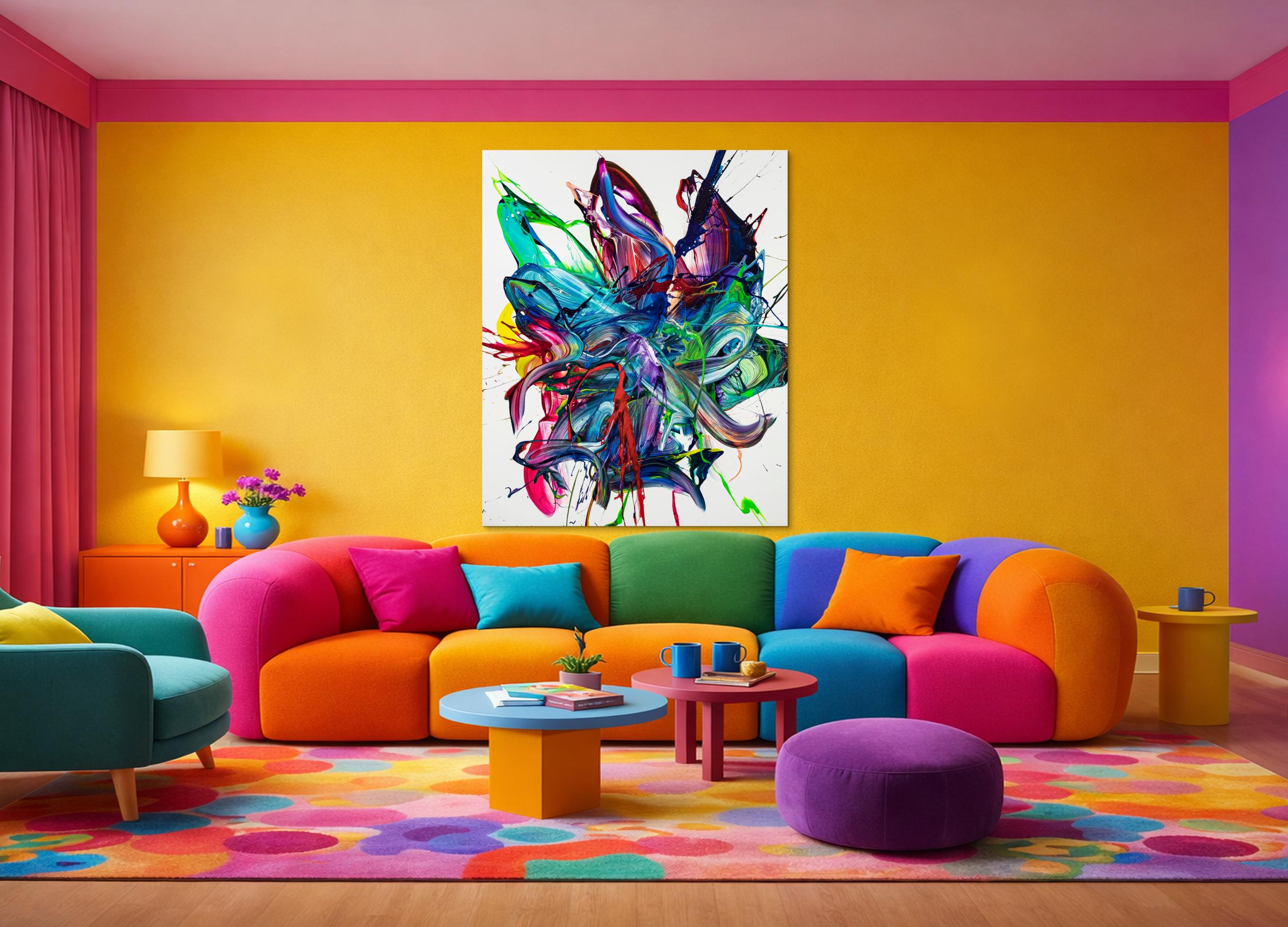 Gemälde Original abstrakt 150x120cm Action Painting zeitgenössisch auf Leinwand Mischtechnik weiß bunt blau hochwertig
