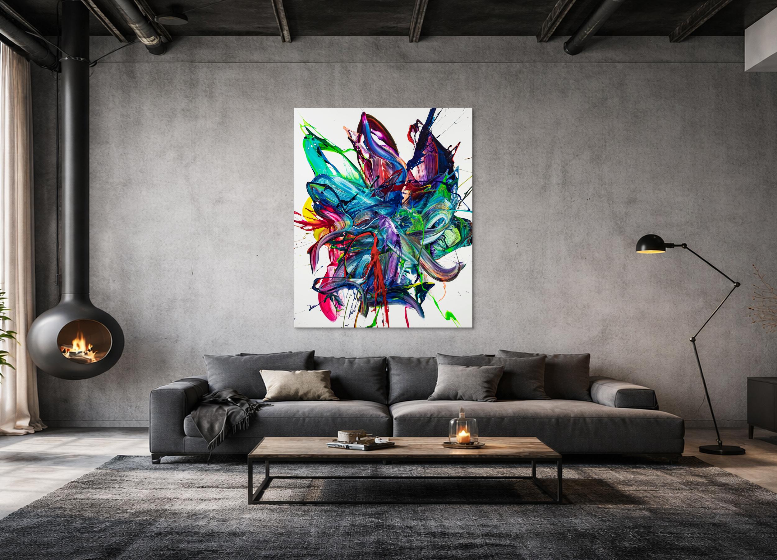 Gemälde Original abstrakt 150x120cm Action Painting zeitgenössisch auf Leinwand Mischtechnik weiß bunt blau hochwertig