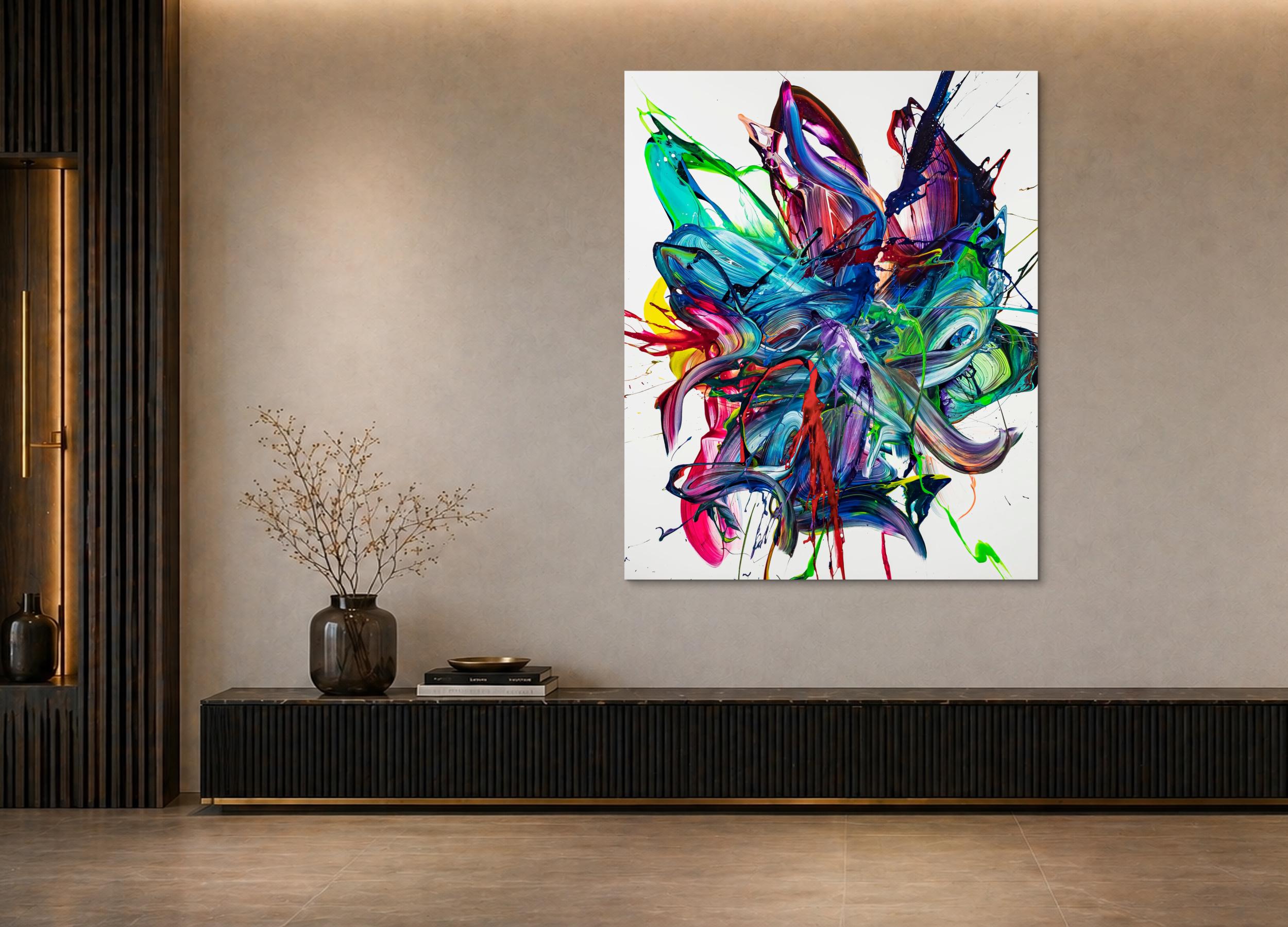 Gemälde Original abstrakt 150x120cm Action Painting zeitgenössisch auf Leinwand Mischtechnik weiß bunt blau hochwertig