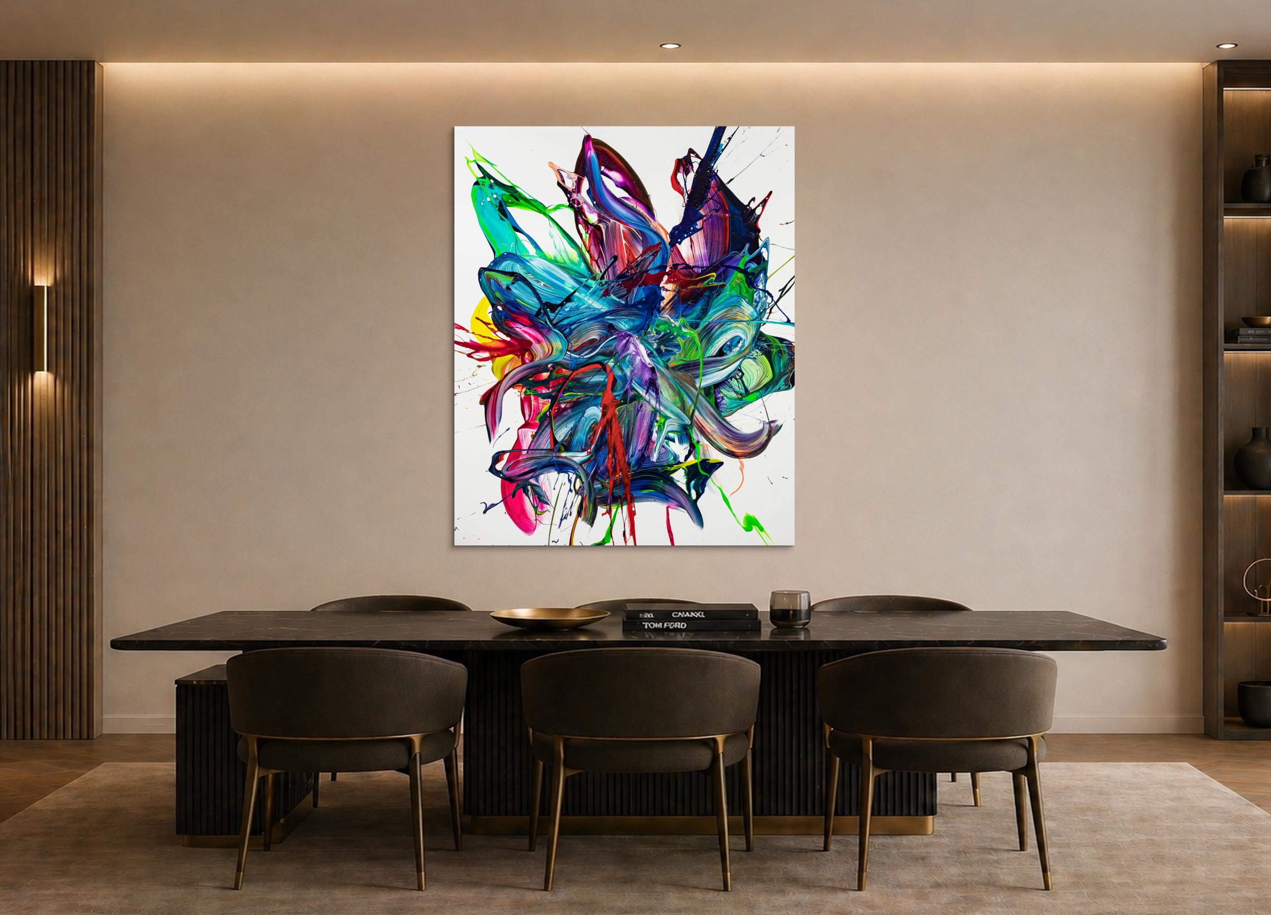 Gemälde Original abstrakt 150x120cm Action Painting zeitgenössisch auf Leinwand Mischtechnik weiß bunt blau hochwertig