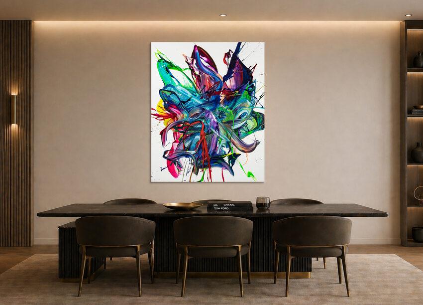 Gemälde Original abstrakt 150x120cm Action Painting zeitgenössisch auf Leinwand Mischtechnik weiß bunt blau hochwertig