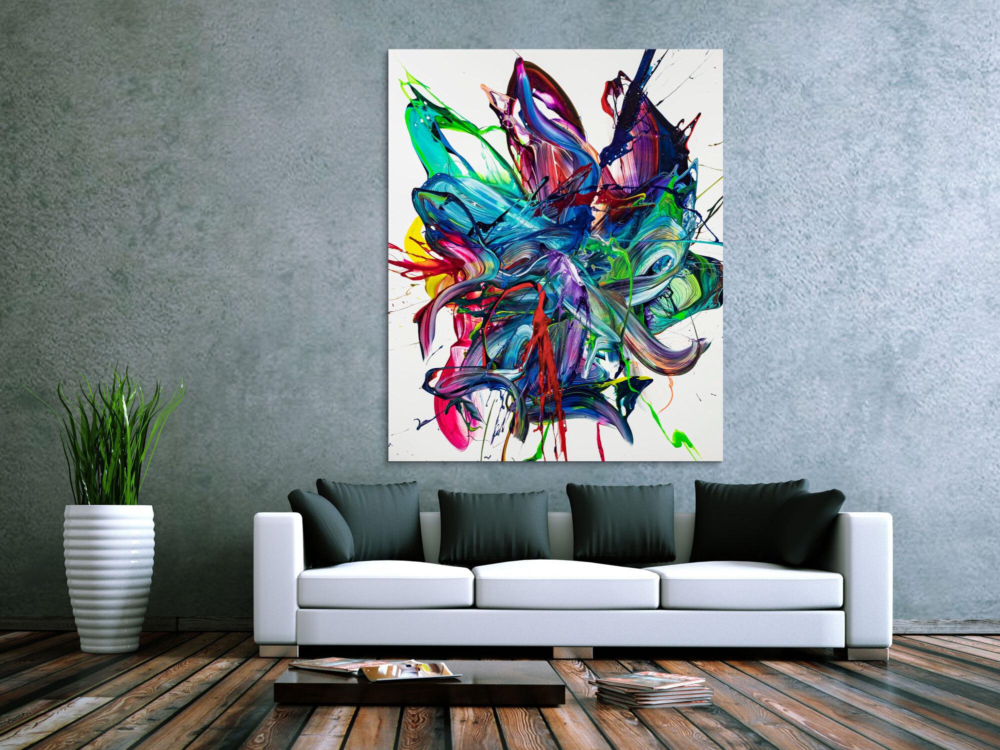 Gemälde Original abstrakt 150x120cm Action Painting zeitgenössisch auf Leinwand Mischtechnik weiß bunt blau hochwertig