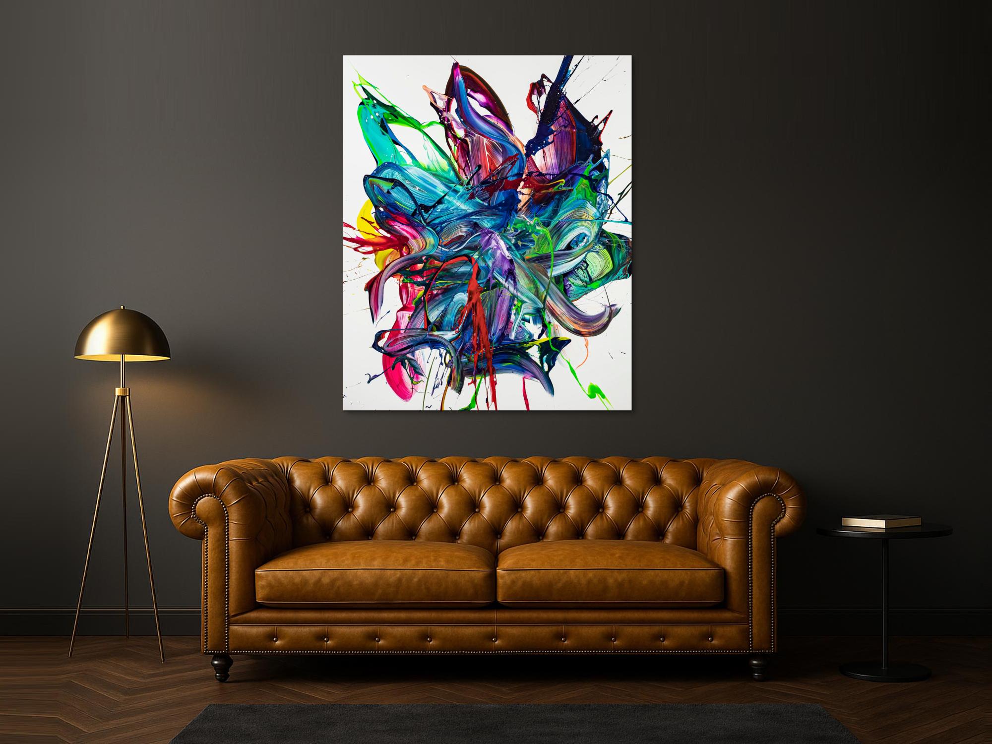 Gemälde Original abstrakt 150x120cm Action Painting zeitgenössisch auf Leinwand Mischtechnik weiß bunt blau hochwertig