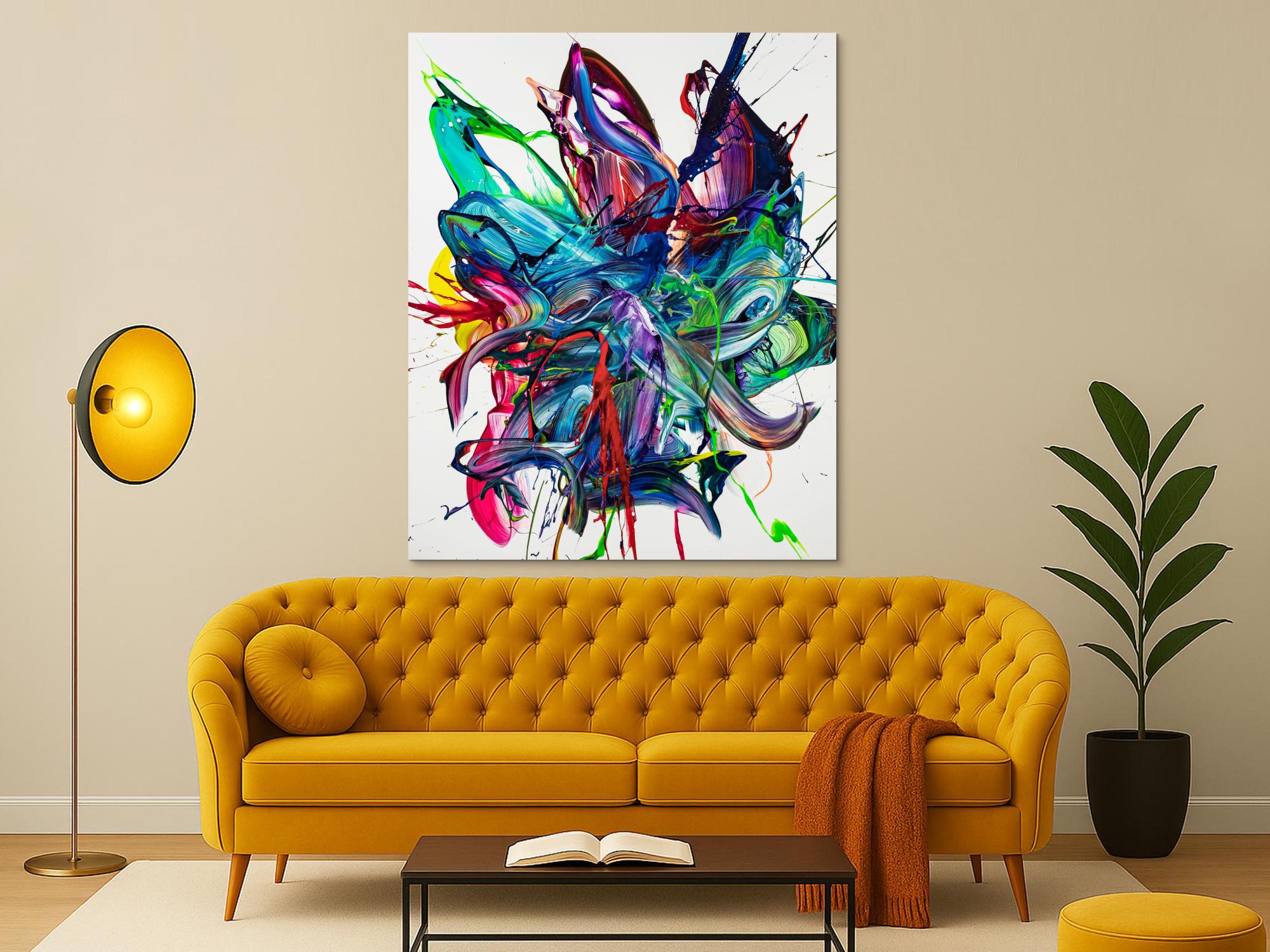 Gemälde Original abstrakt 150x120cm Action Painting zeitgenössisch auf Leinwand Mischtechnik weiß bunt blau hochwertig