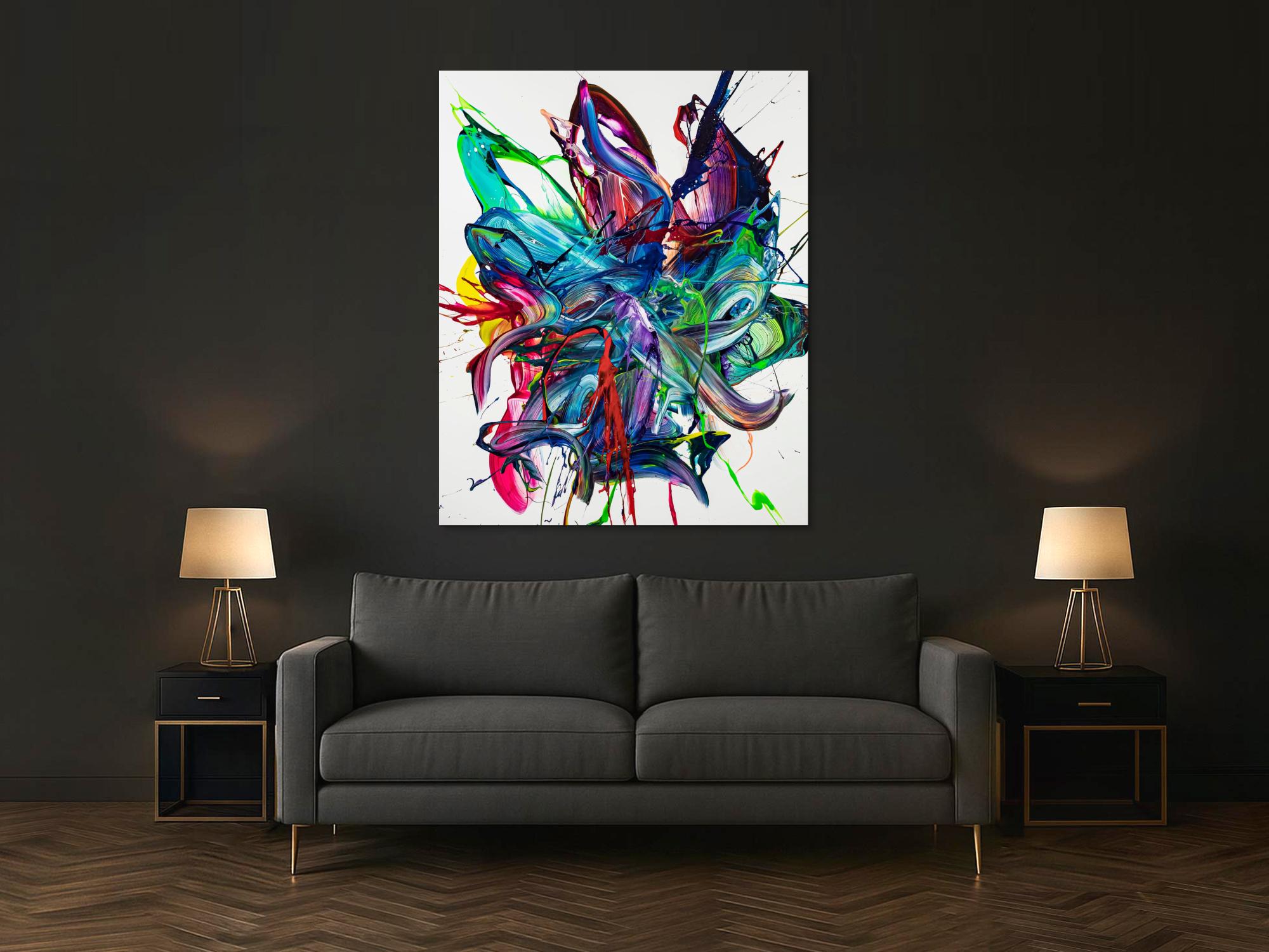 Gemälde Original abstrakt 150x120cm Action Painting zeitgenössisch auf Leinwand Mischtechnik weiß bunt blau hochwertig