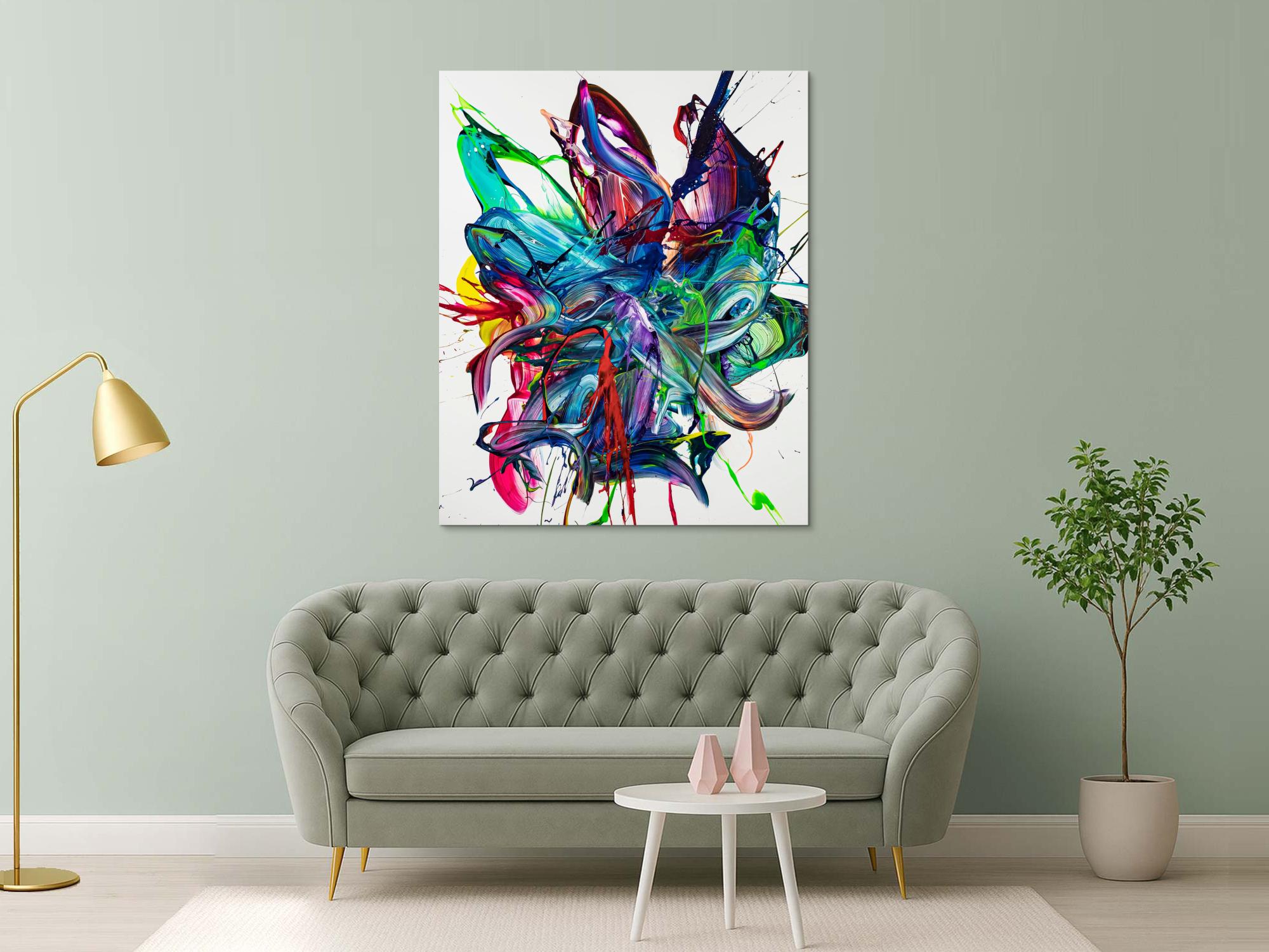 Gemälde Original abstrakt 150x120cm Action Painting zeitgenössisch auf Leinwand Mischtechnik weiß bunt blau hochwertig