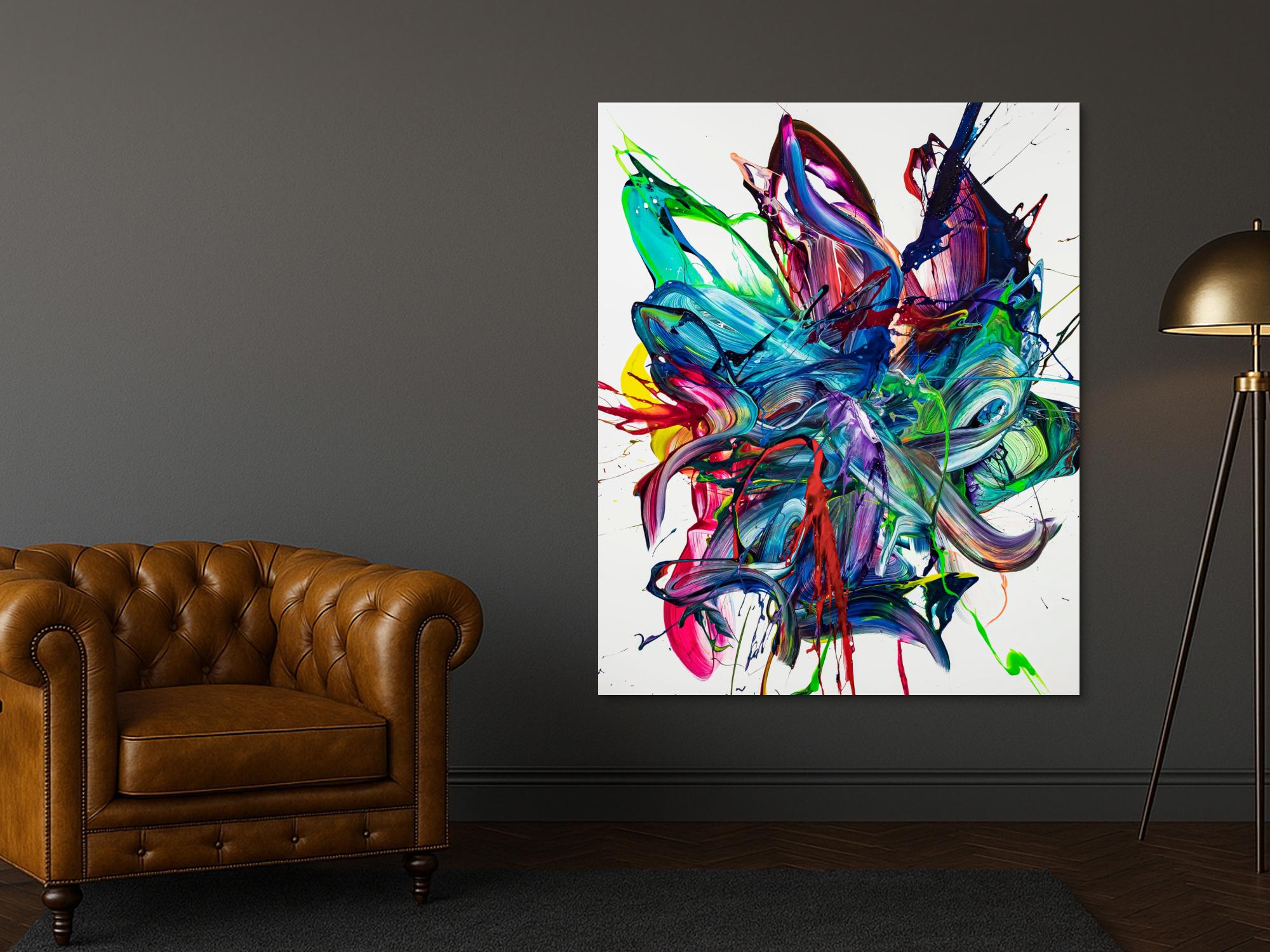 Gemälde Original abstrakt 150x120cm Action Painting zeitgenössisch auf Leinwand Mischtechnik weiß bunt blau hochwertig