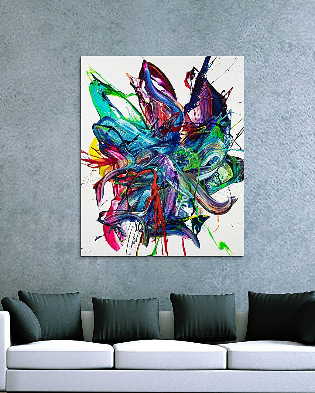 Gemälde Original abstrakt 150x120cm Action Painting zeitgenössisch auf Leinwand Mischtechnik weiß bunt blau hochwertig