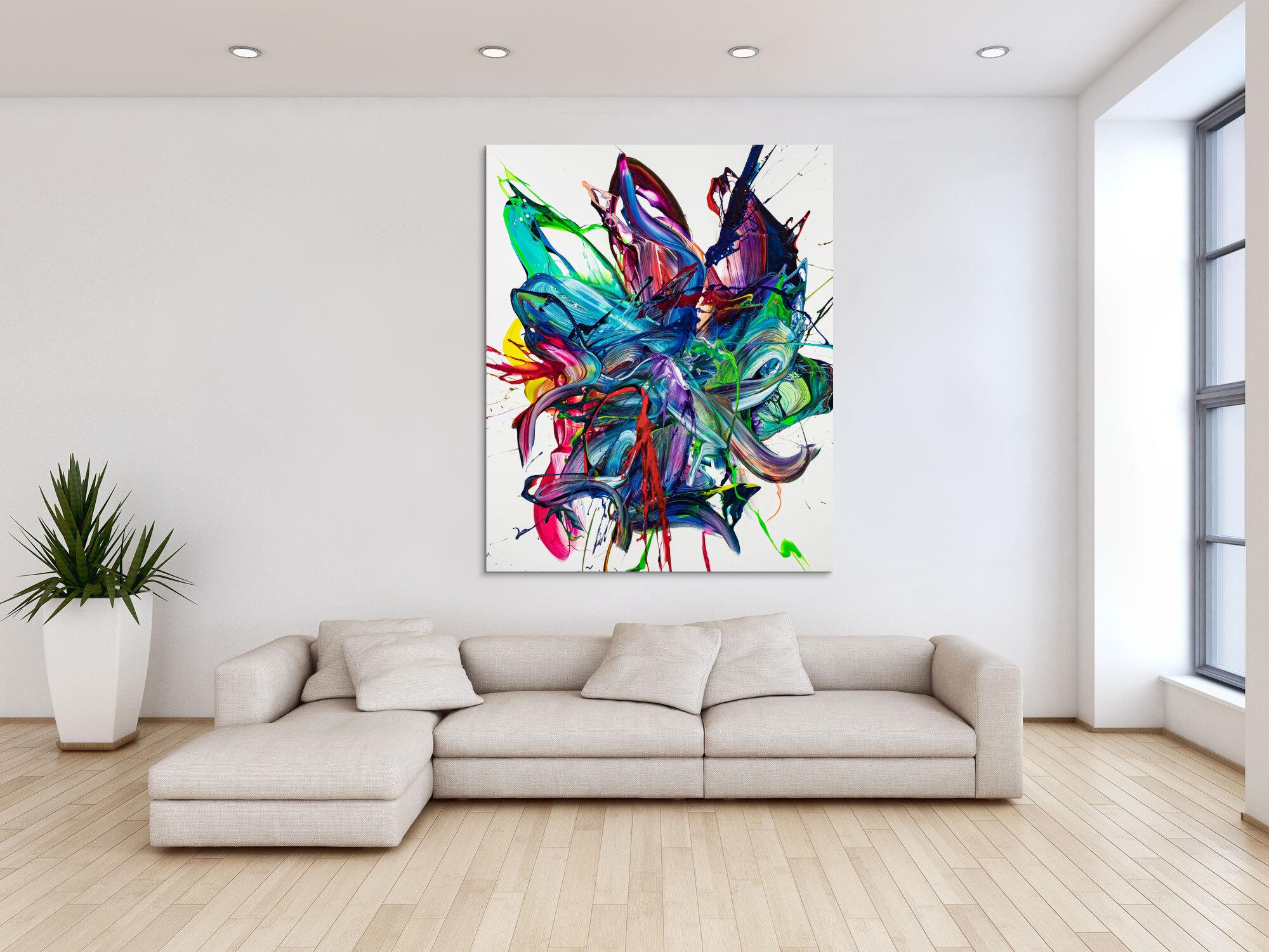 Gemälde Original abstrakt 150x120cm Action Painting zeitgenössisch auf Leinwand Mischtechnik weiß bunt blau hochwertig