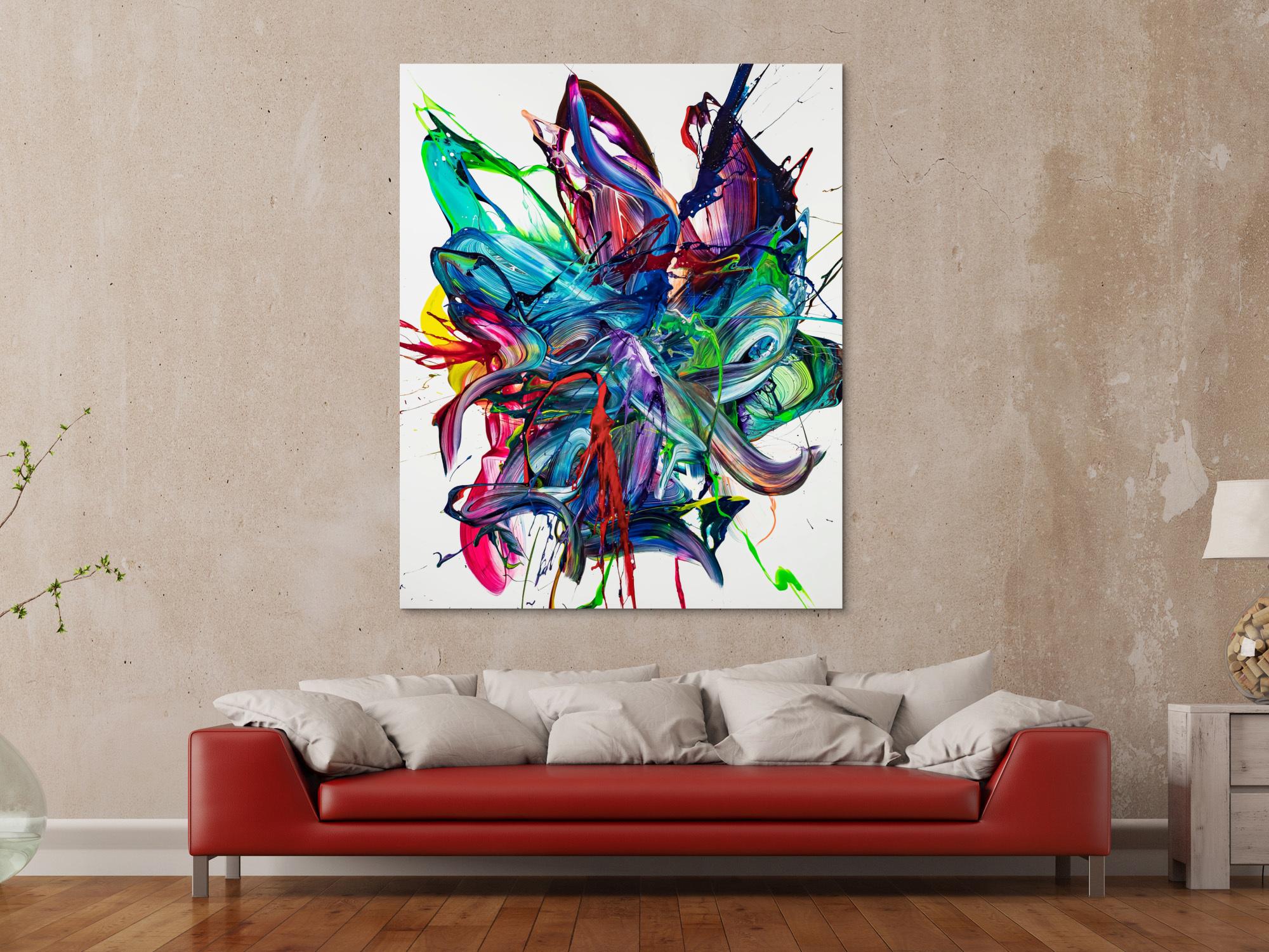 Gemälde Original abstrakt 150x120cm Action Painting zeitgenössisch auf Leinwand Mischtechnik weiß bunt blau hochwertig