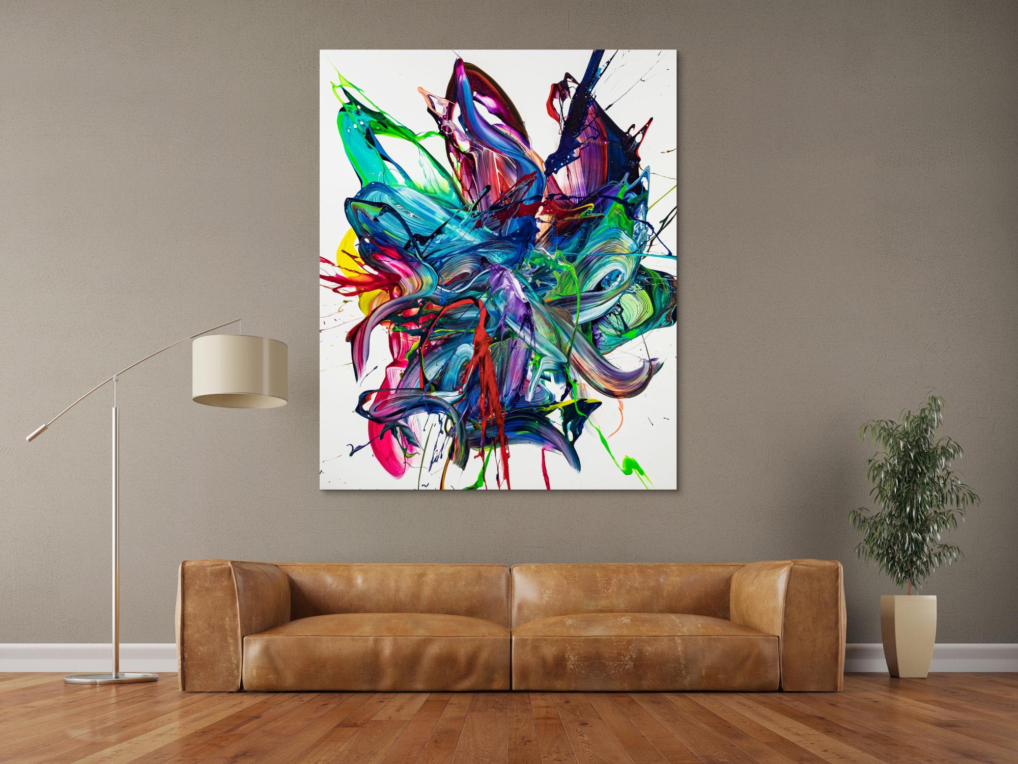 Gemälde Original abstrakt 150x120cm Action Painting zeitgenössisch auf Leinwand Mischtechnik weiß bunt blau hochwertig