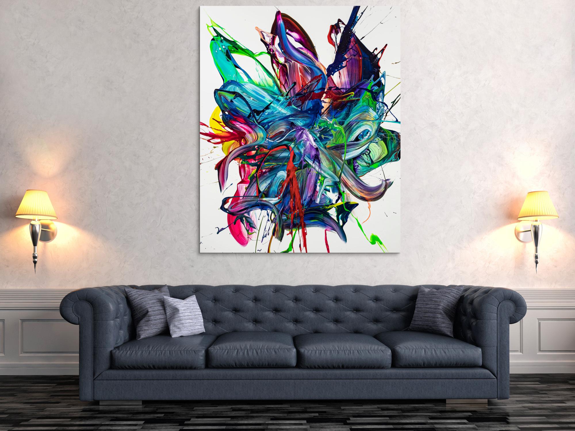 Gemälde Original abstrakt 150x120cm Action Painting zeitgenössisch auf Leinwand Mischtechnik weiß bunt blau hochwertig