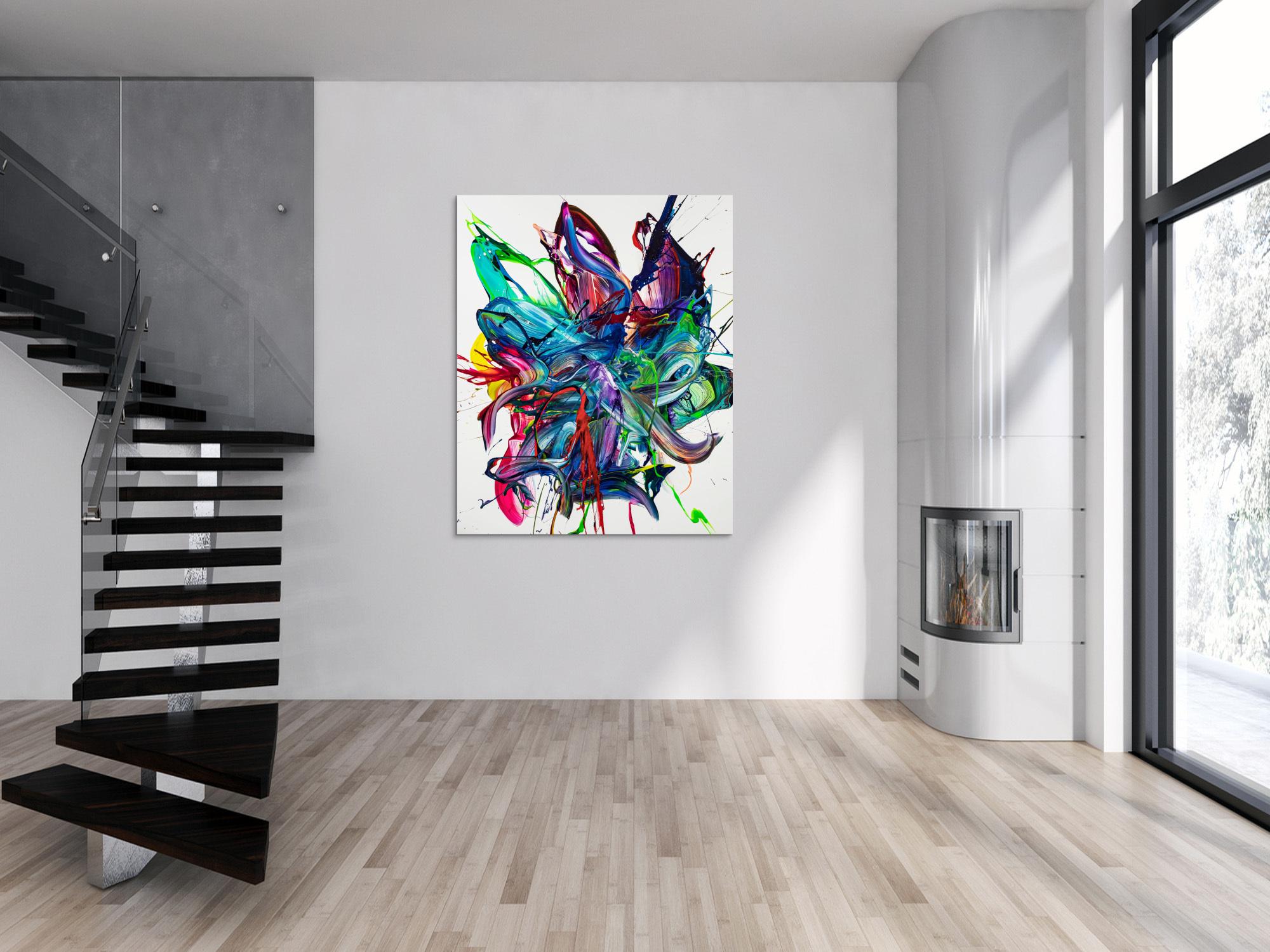 Gemälde Original abstrakt 150x120cm Action Painting zeitgenössisch auf Leinwand Mischtechnik weiß bunt blau hochwertig