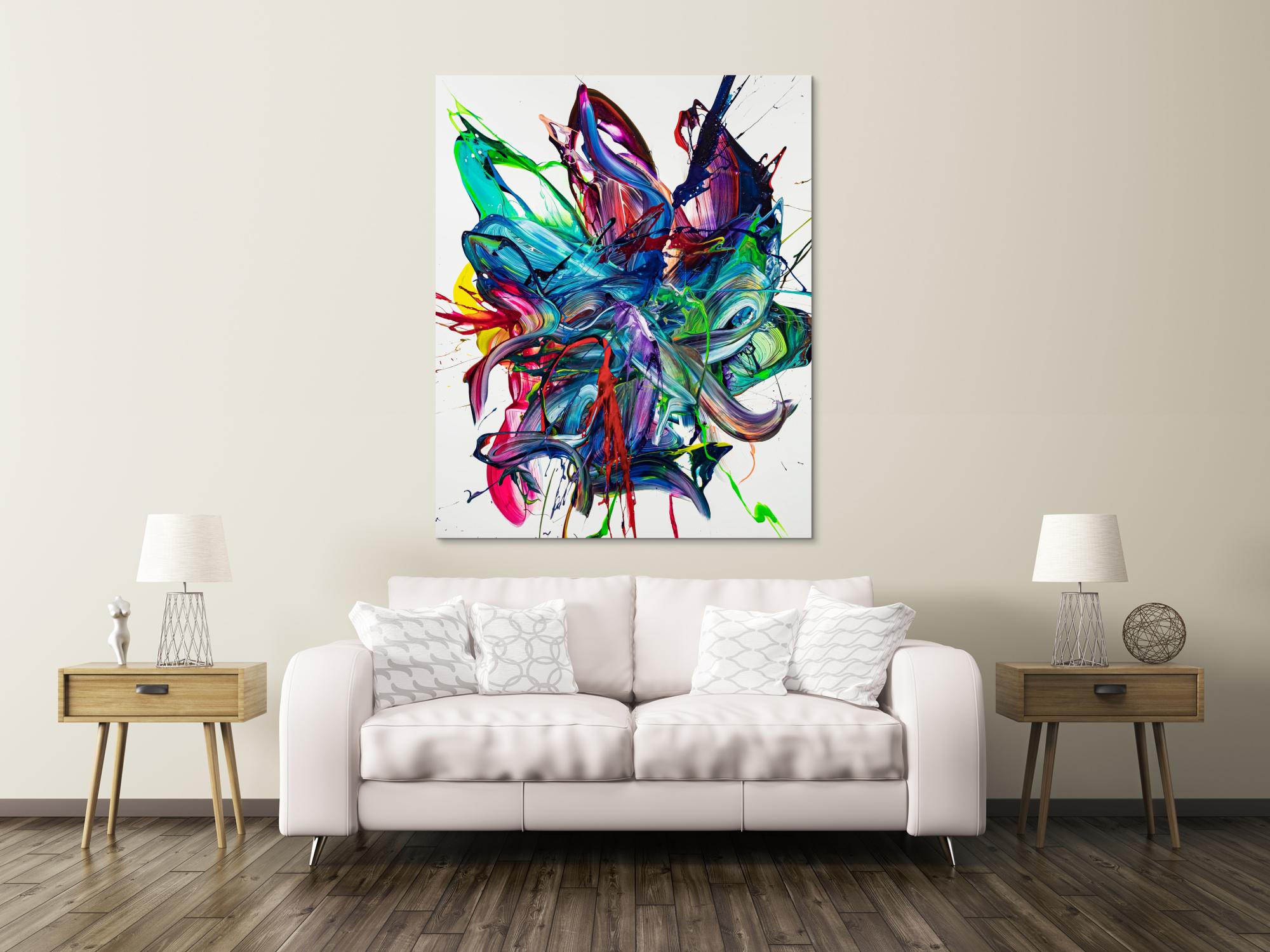 Gemälde Original abstrakt 150x120cm Action Painting zeitgenössisch auf Leinwand Mischtechnik weiß bunt blau hochwertig