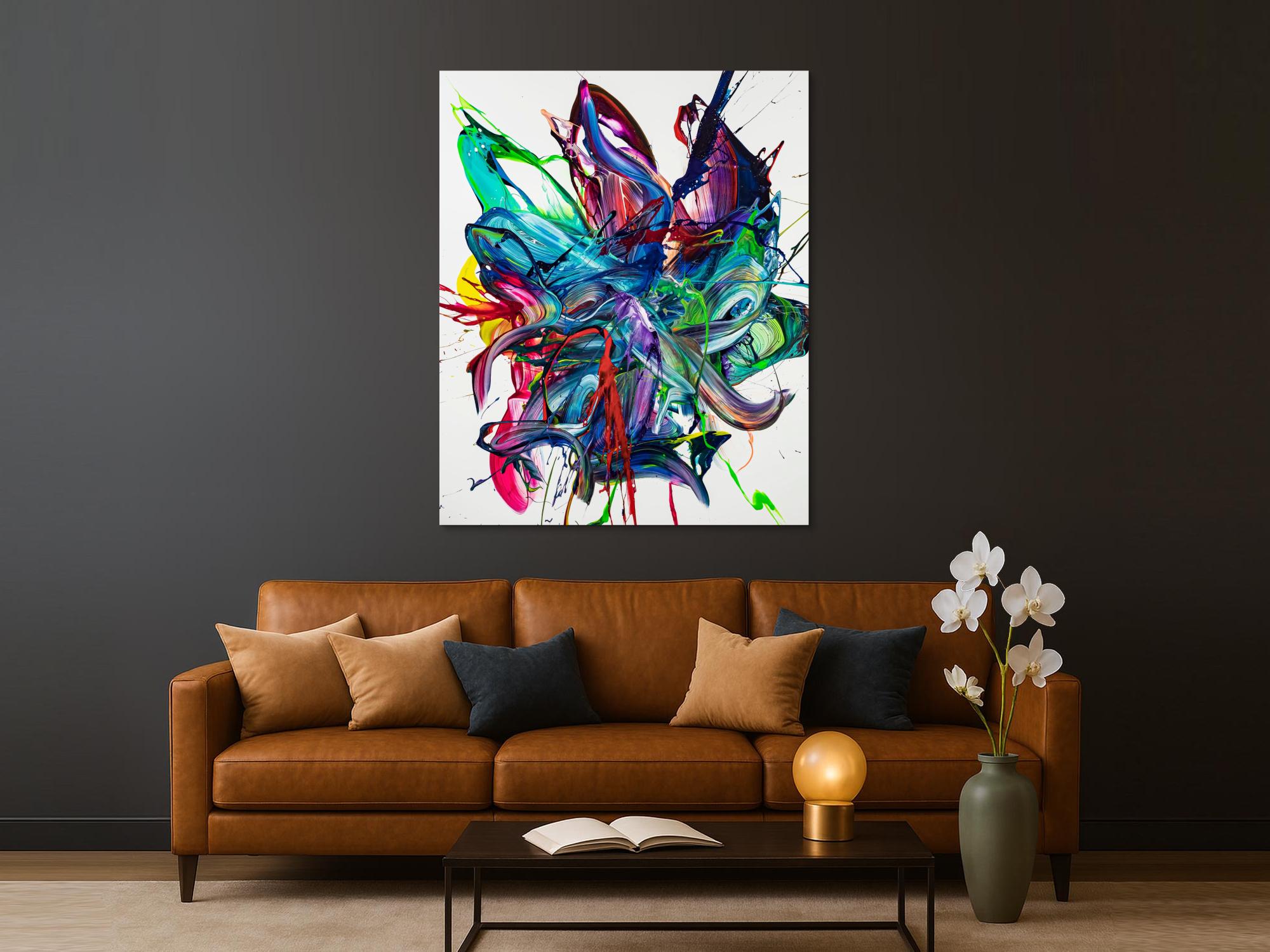 Gemälde Original abstrakt 150x120cm Action Painting zeitgenössisch auf Leinwand Mischtechnik weiß bunt blau hochwertig