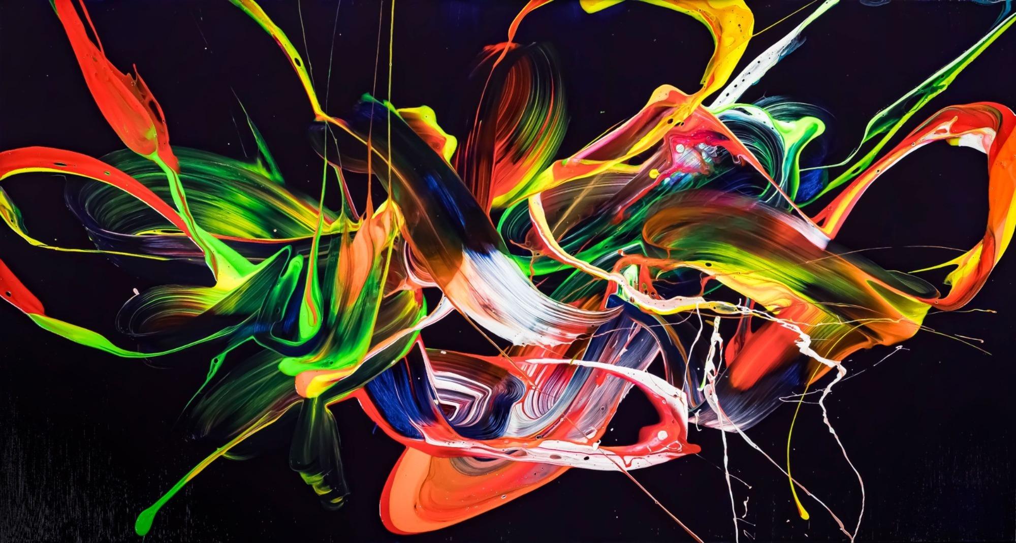 Original Gemälde abstrakt 80x150cm Action Painting Moderne Kunst auf Leinwand Splash Art violett orange grün hochwertig