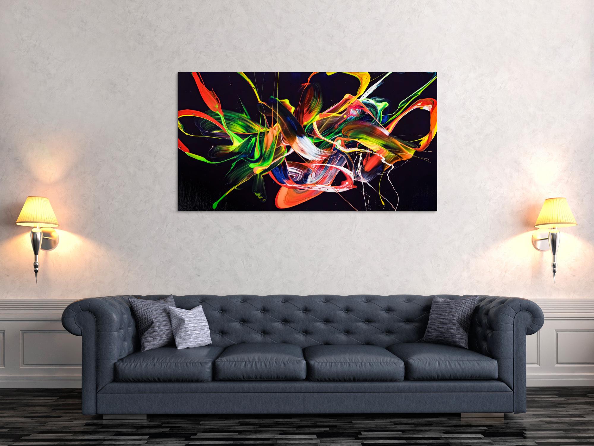 Original Gemälde abstrakt 80x150cm Action Painting Moderne Kunst auf Leinwand Splash Art violett orange grün hochwertig