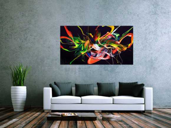 Original Gemälde abstrakt 80x150cm Action Painting Moderne Kunst auf Leinwand Splash Art violett orange grün hochwertig