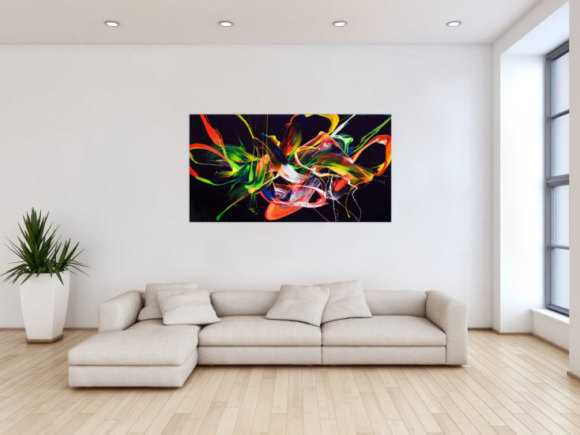 Original Gemälde abstrakt 80x150cm Action Painting Moderne Kunst auf Leinwand Splash Art violett orange grün hochwertig